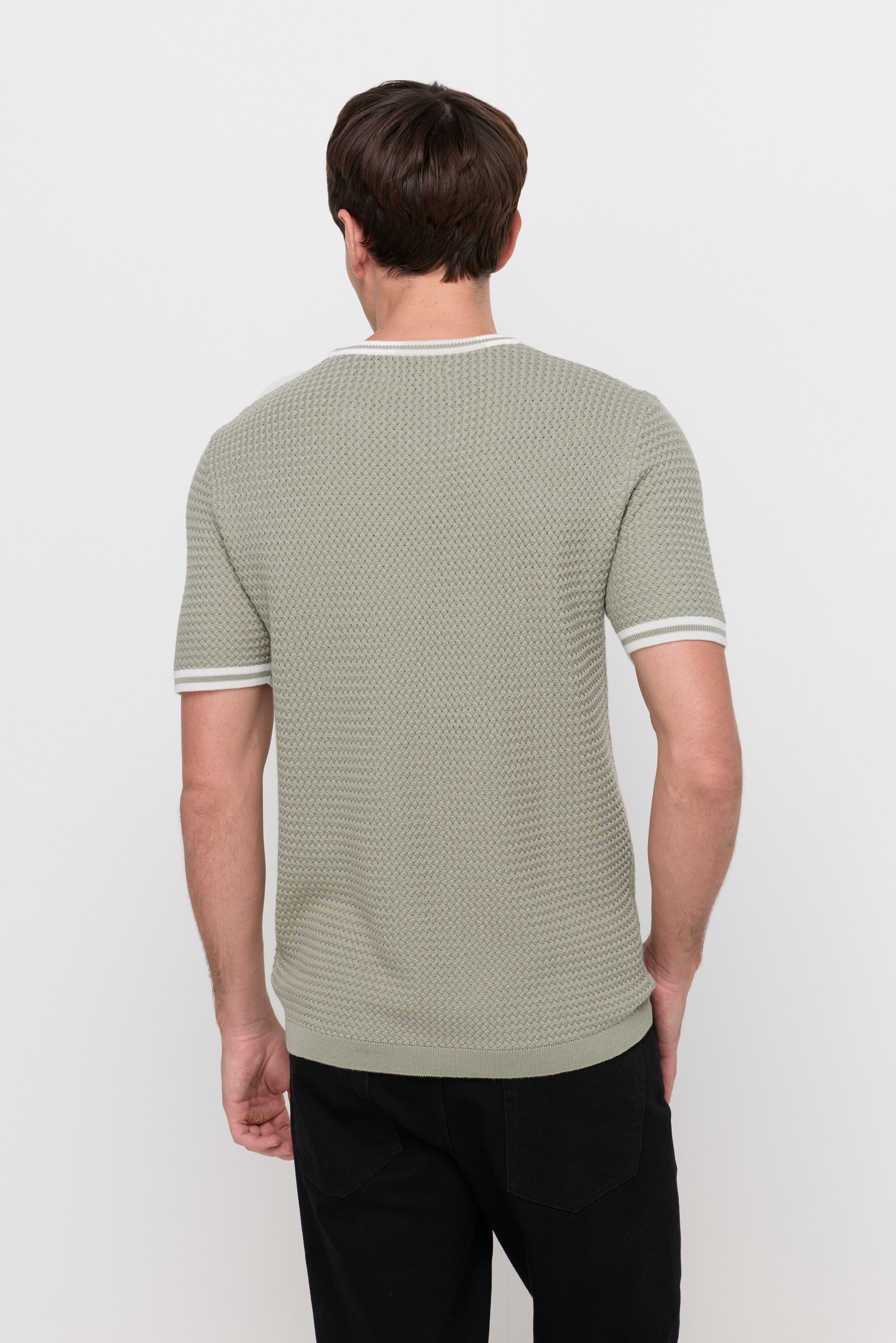Contrast Trim Textured Knit T-Shirt Green