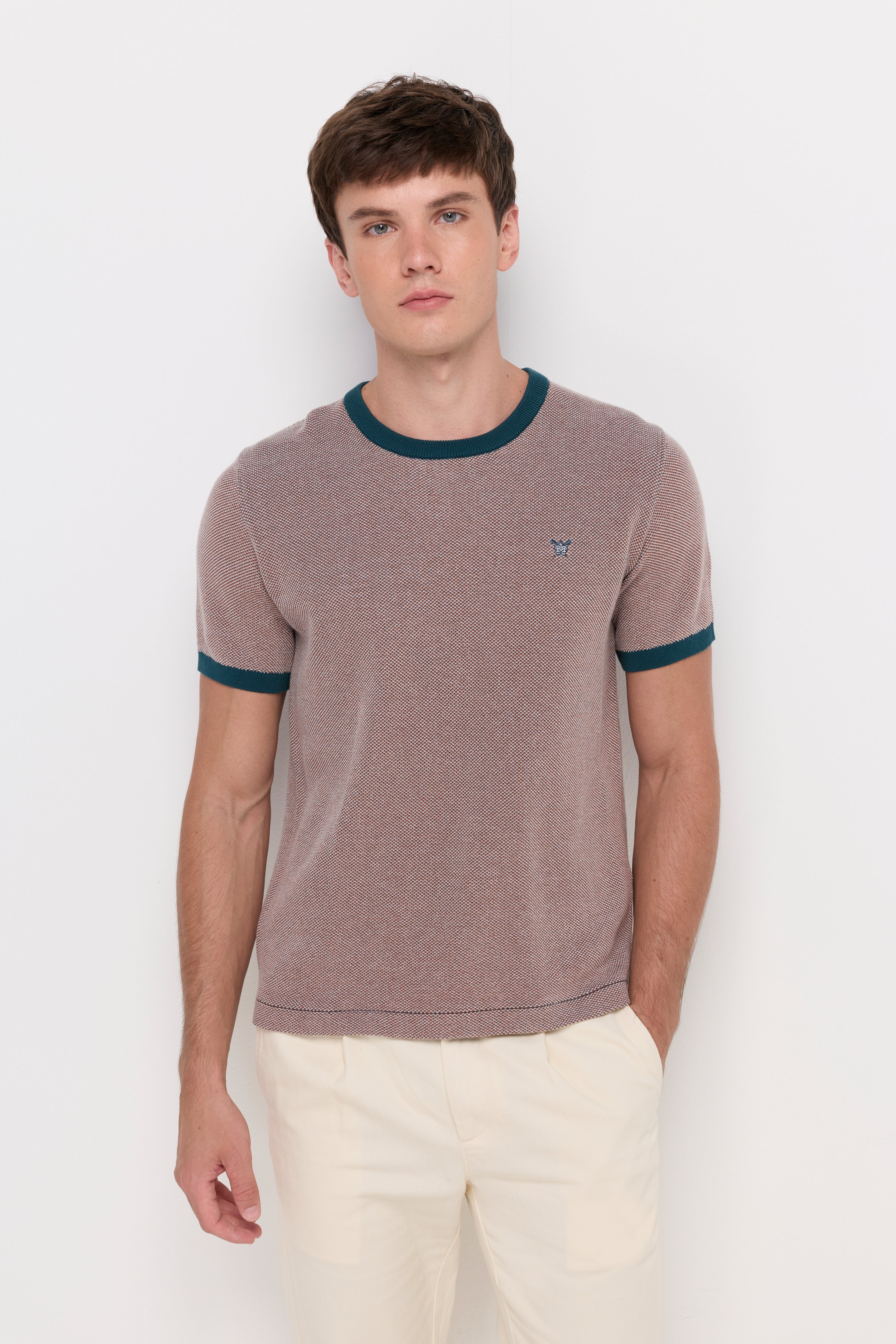 Contrast Trim Textured Knit T-Shirt Brown