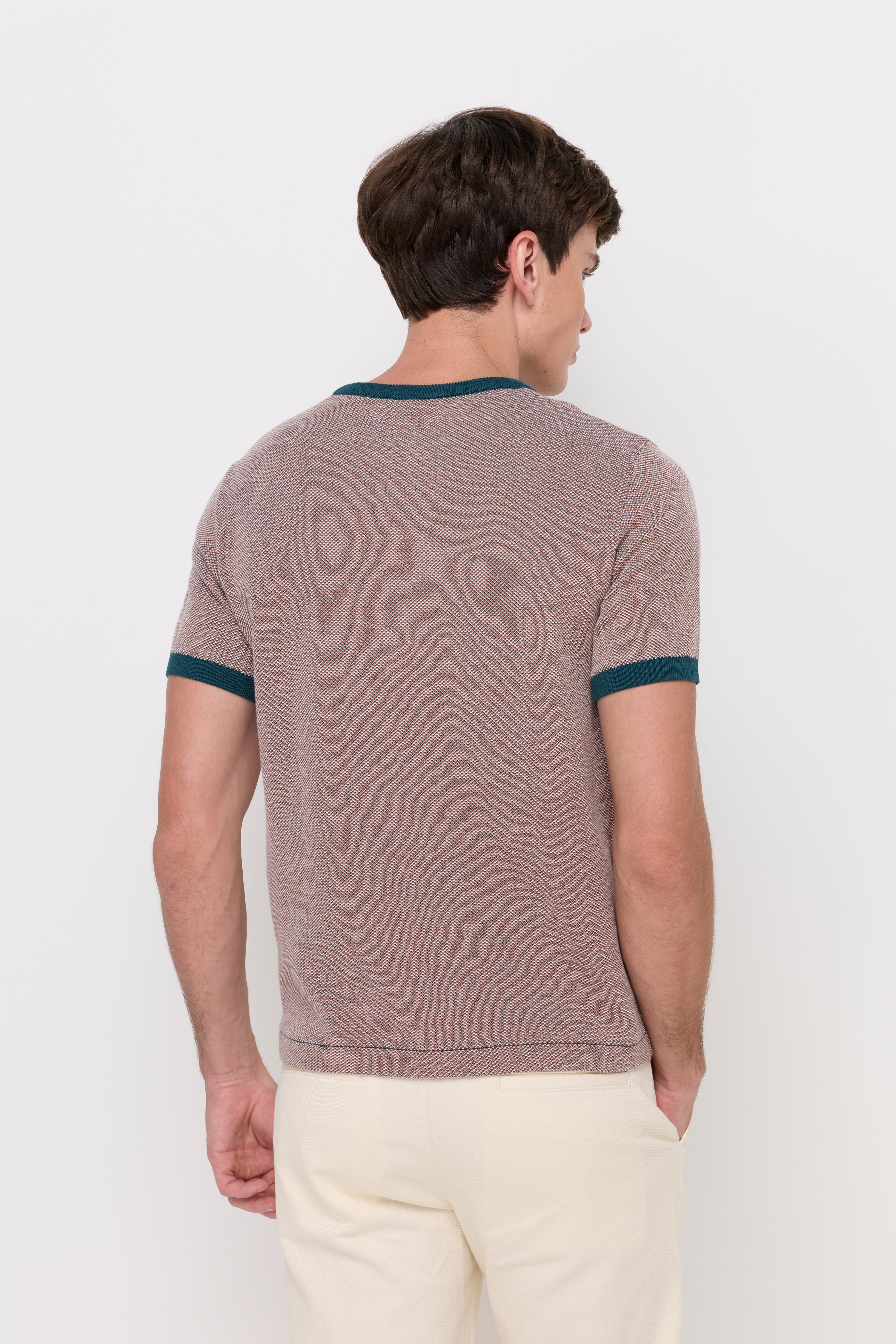 Contrast Trim Textured Knit T-Shirt Brown