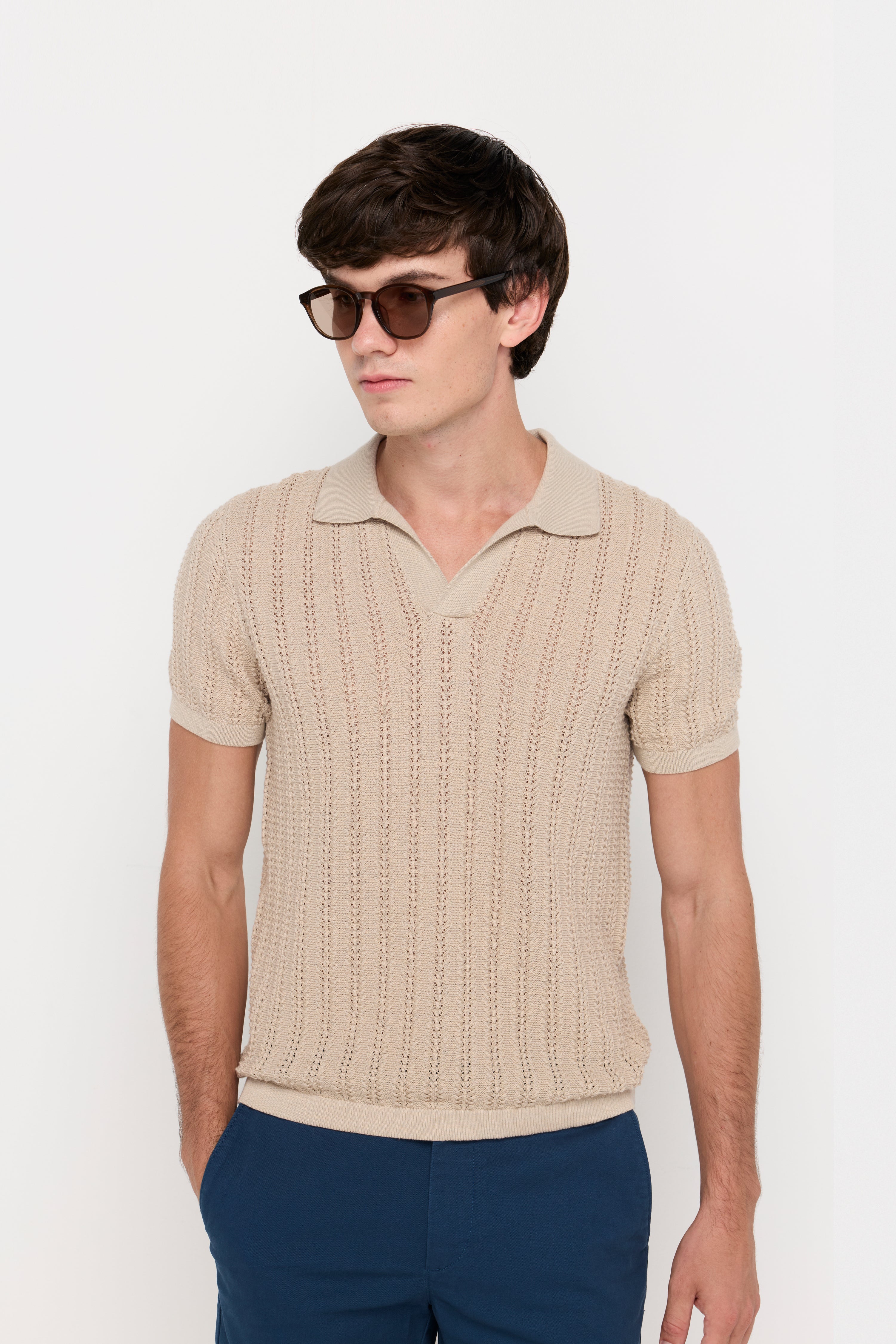Open Knit Polo Sweater Beige