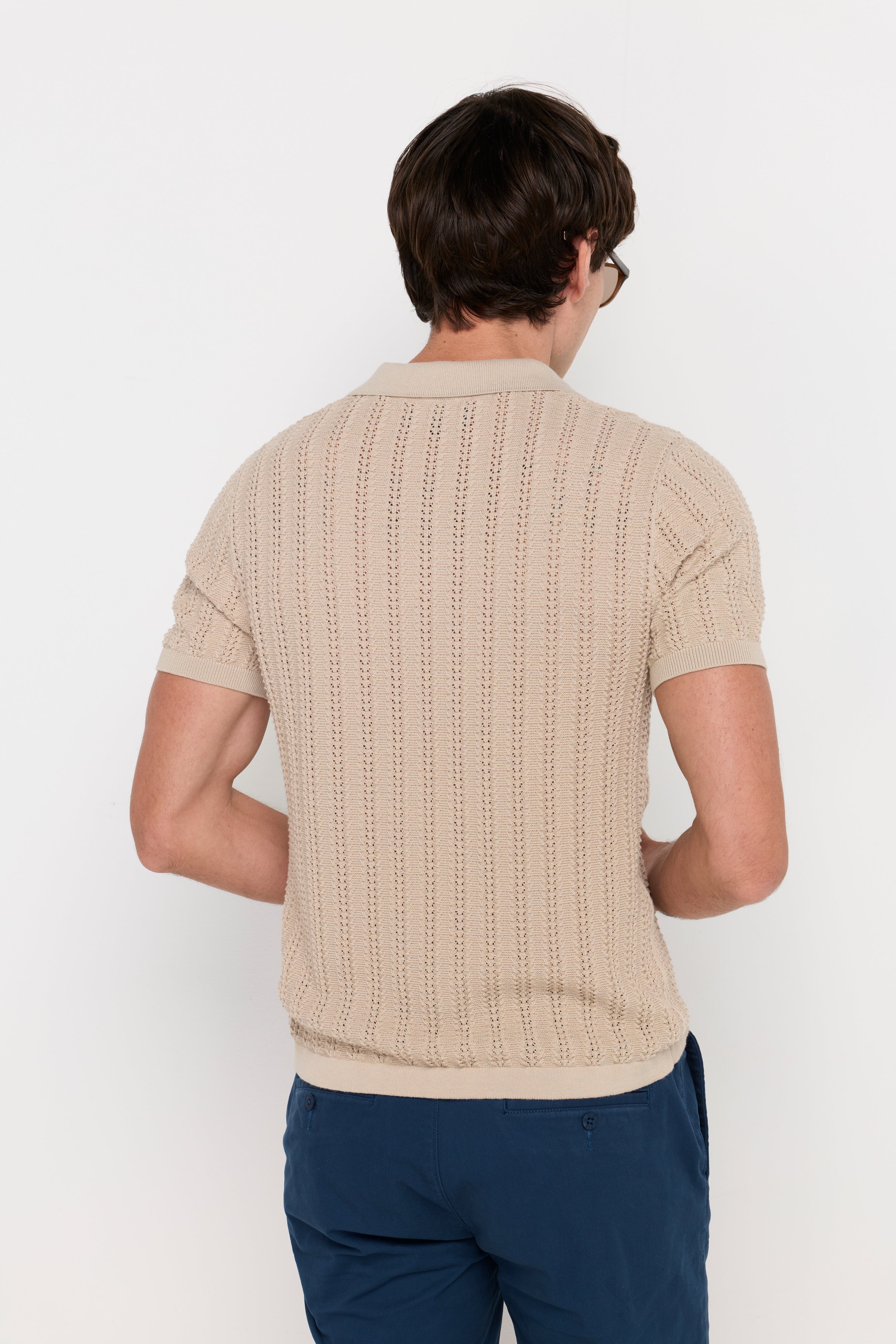 Open Knit Polo Sweater Beige