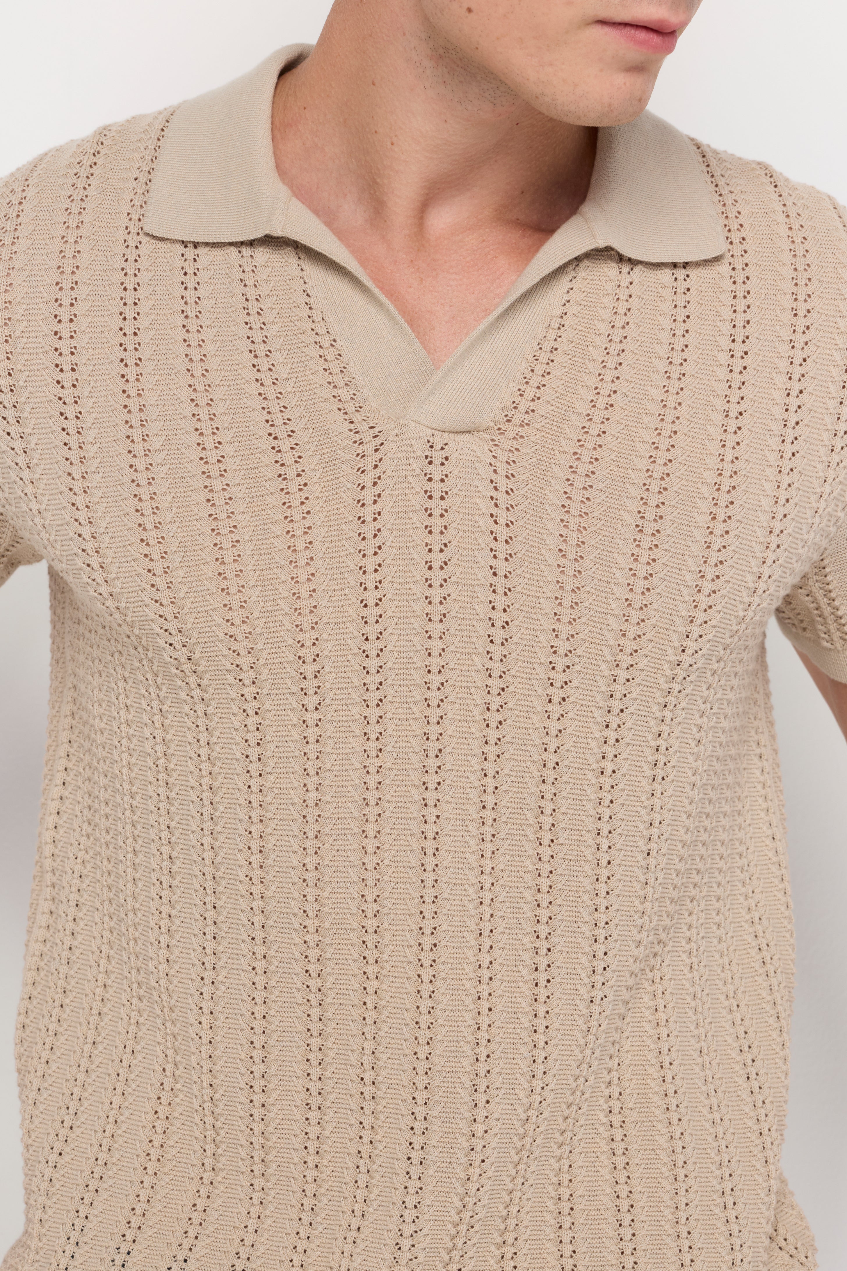 Open Knit Polo Sweater Beige