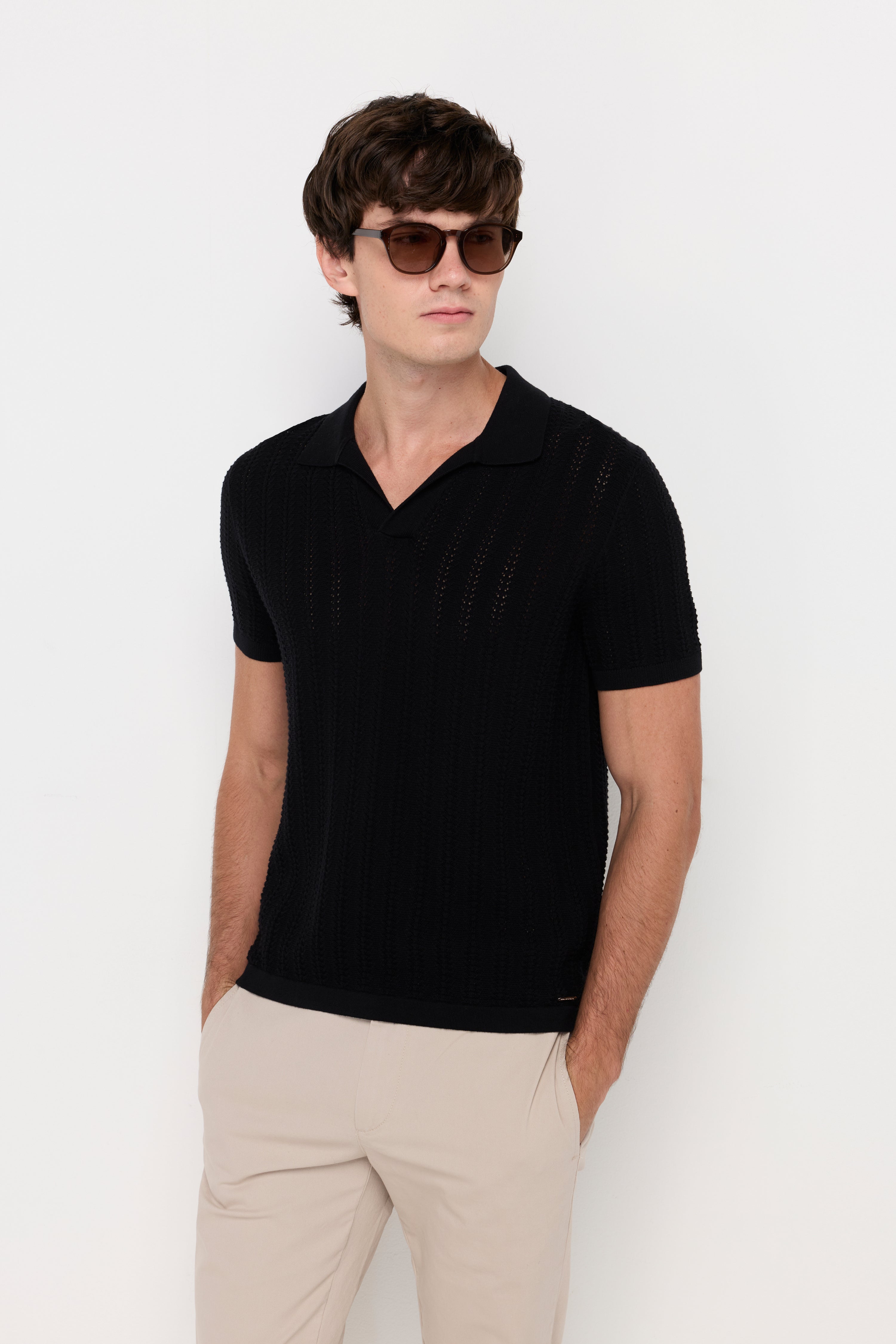 Open Knit Polo Sweater Black
