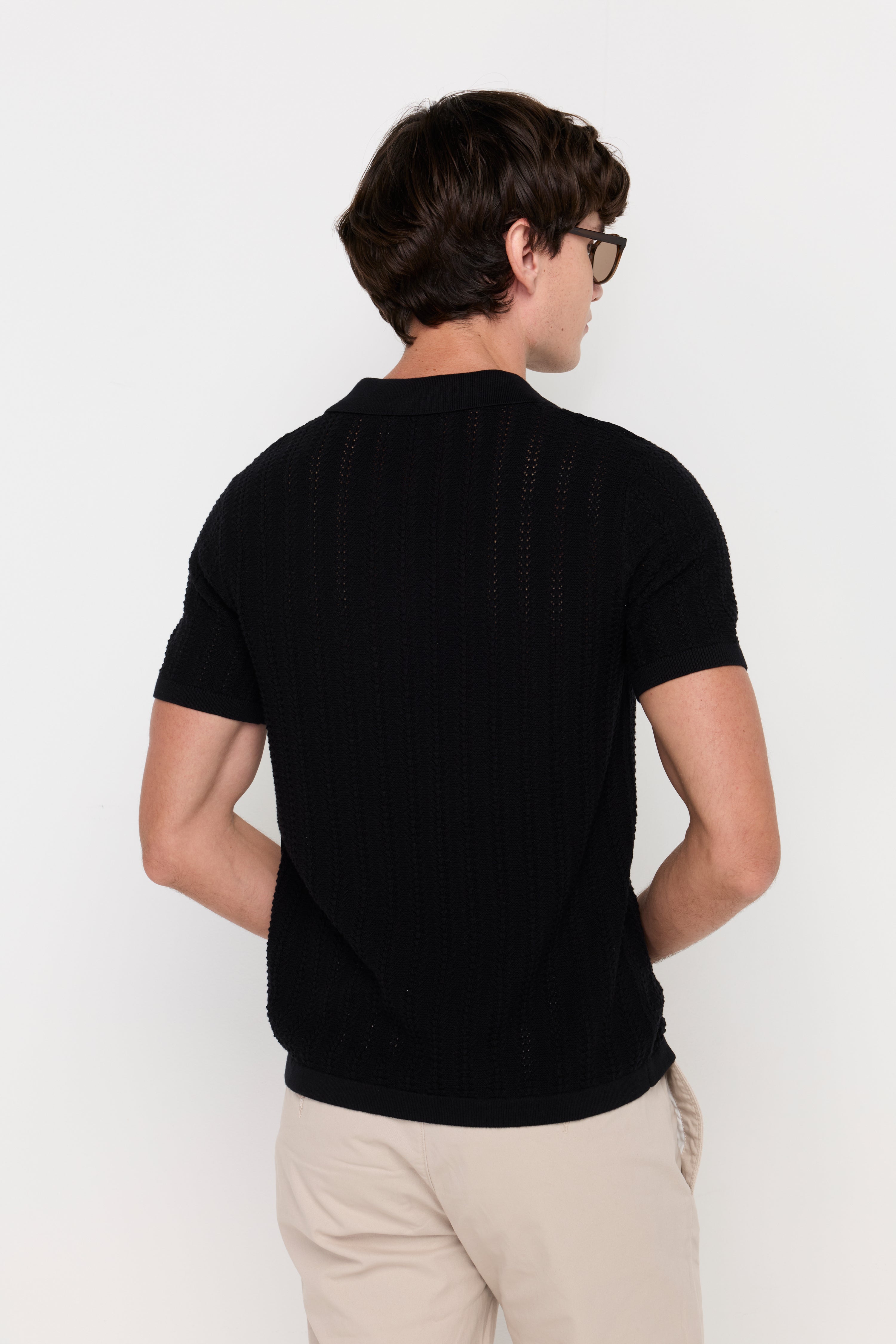 Open Knit Polo Sweater Black
