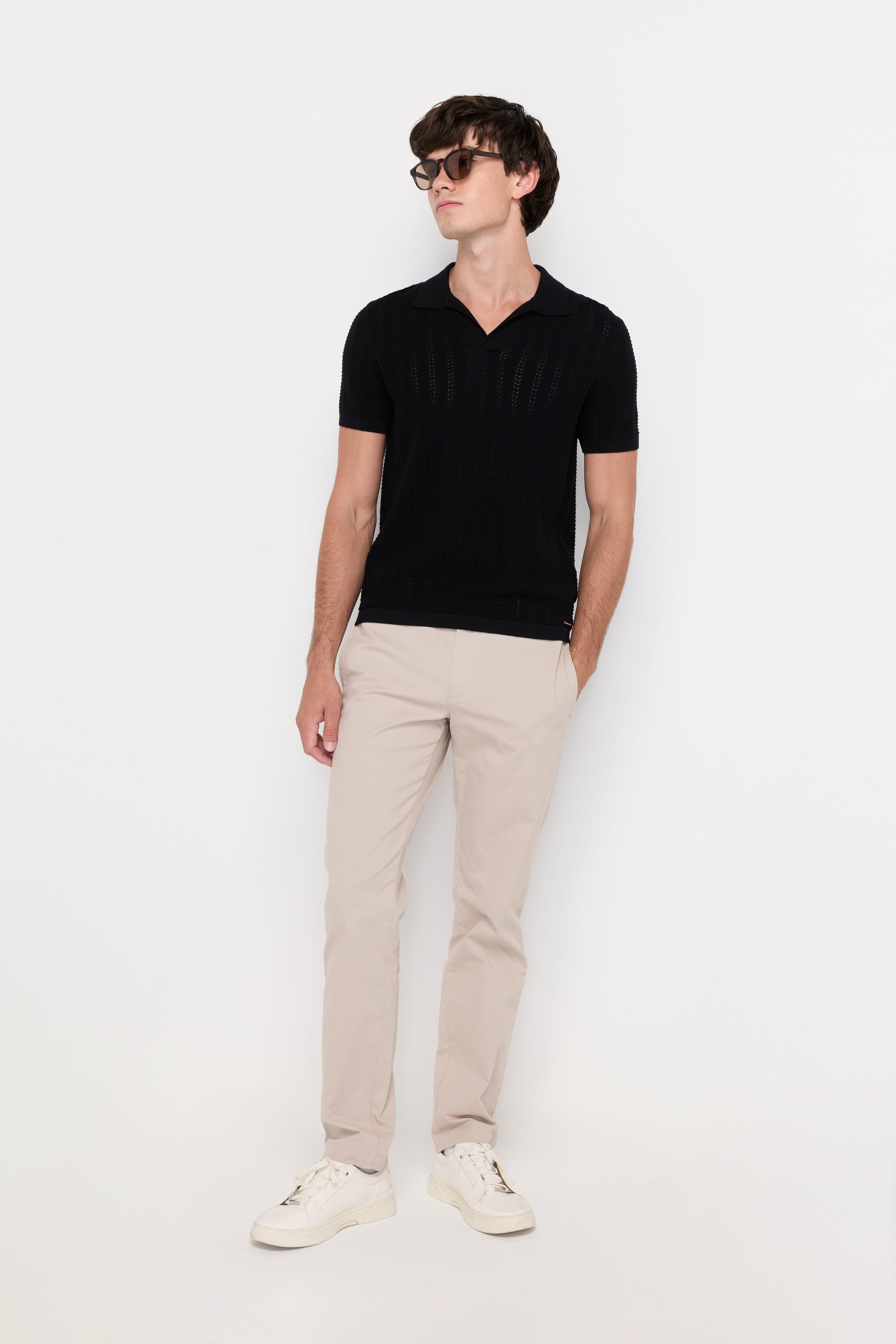 Open Knit Polo Sweater Black