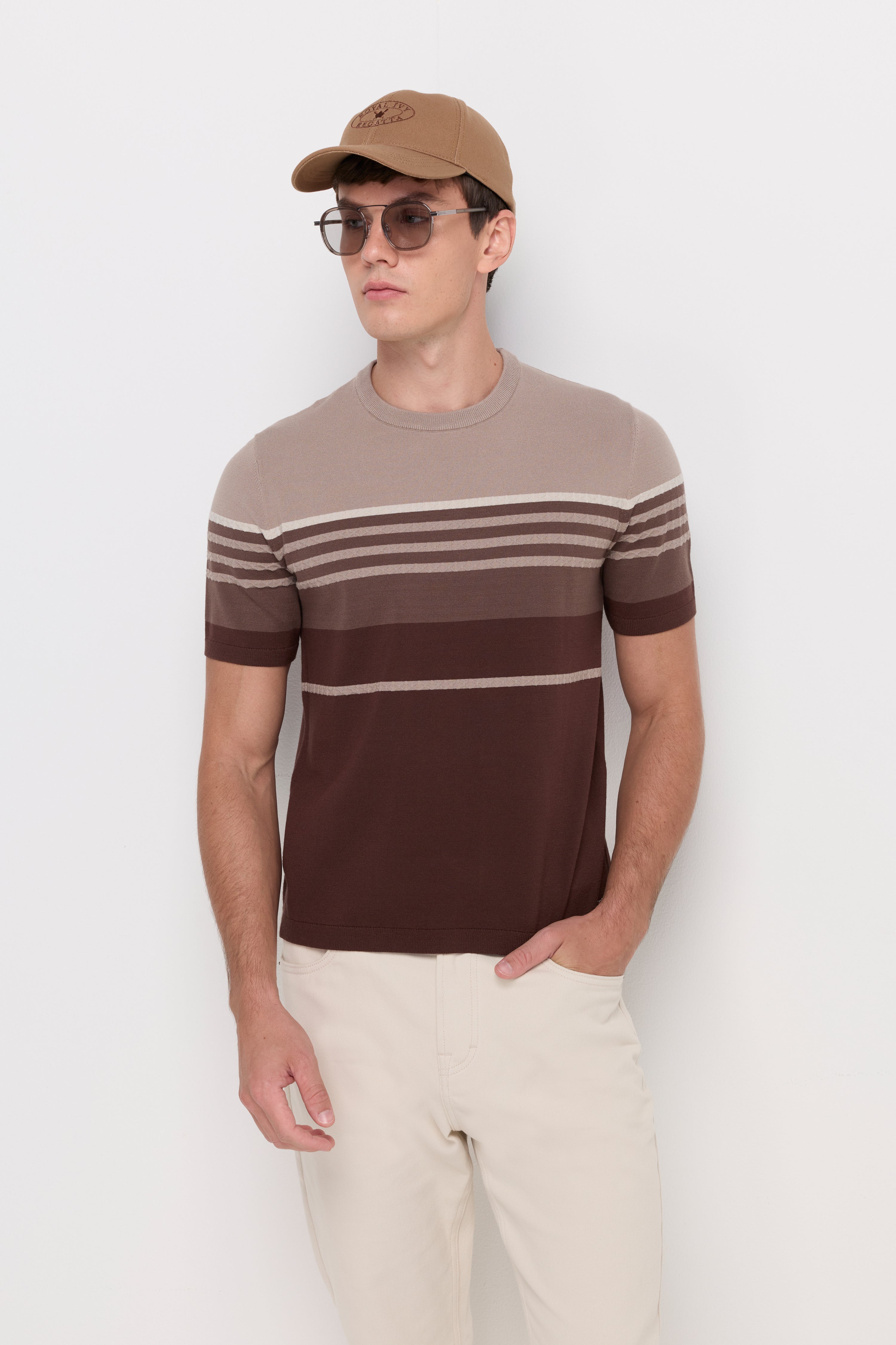 Gradient Stripe Knit T-Shirt Brown