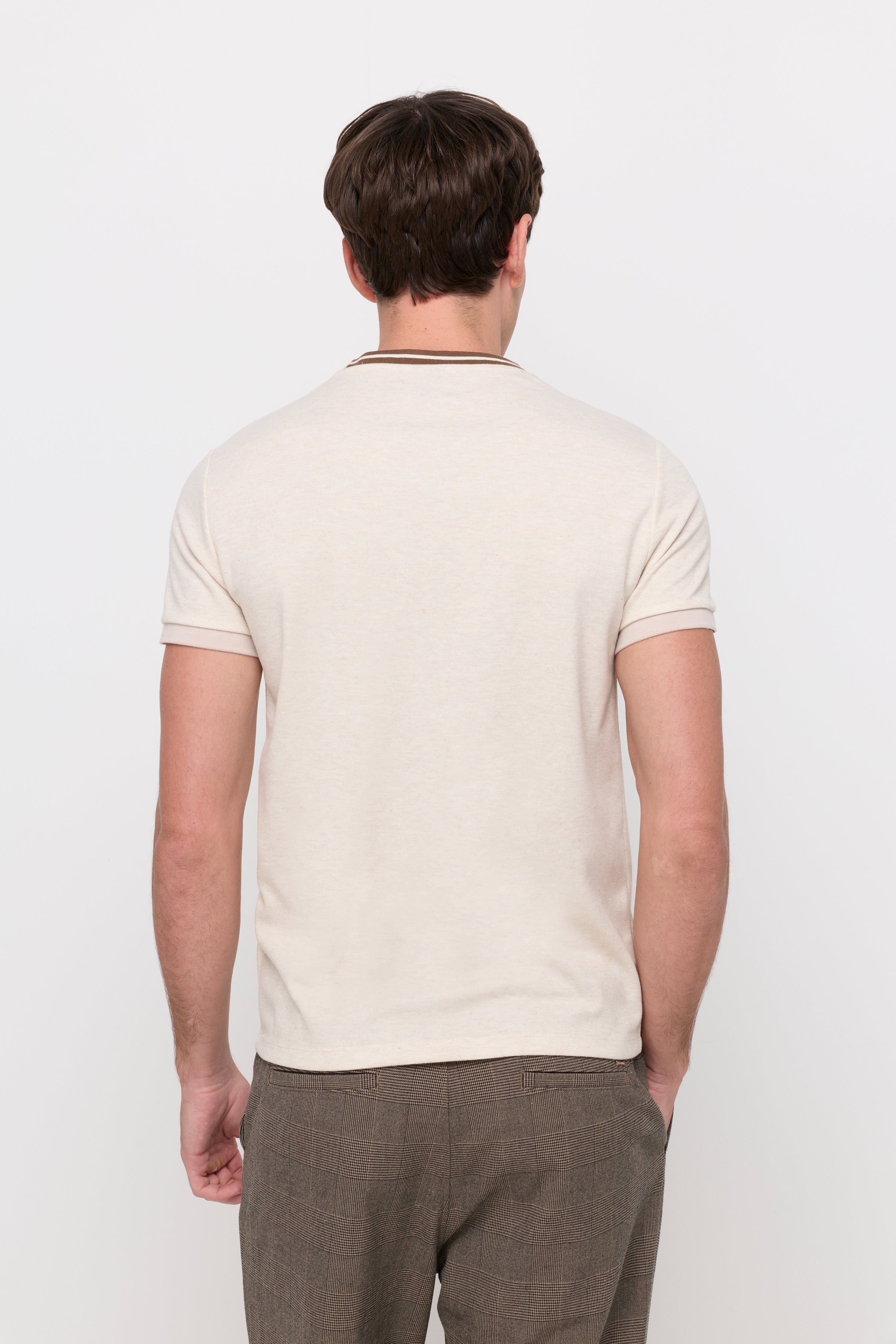 Contrast Trim Textured T-Shirt Light Beige