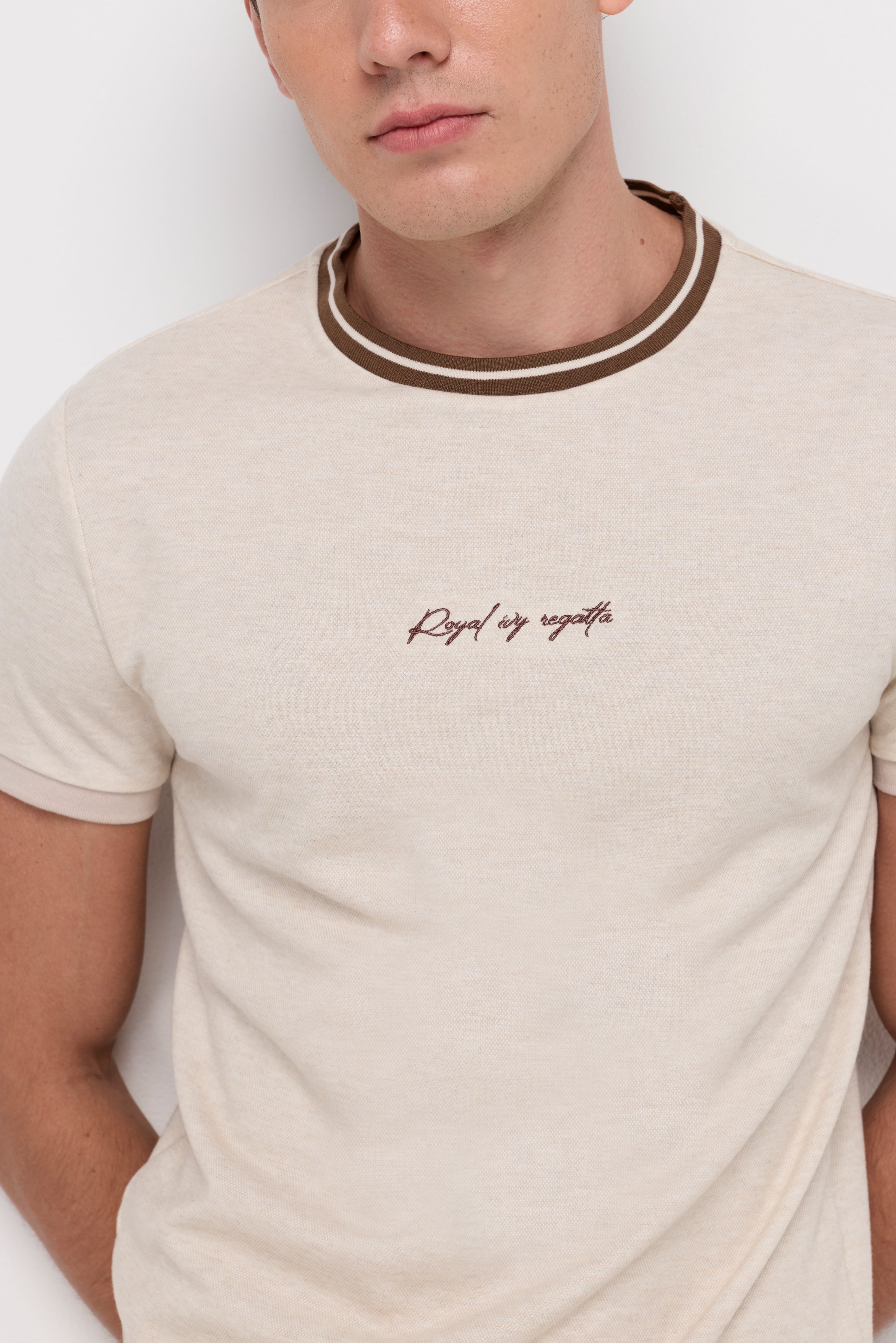Contrast Trim Textured T-Shirt Light Beige