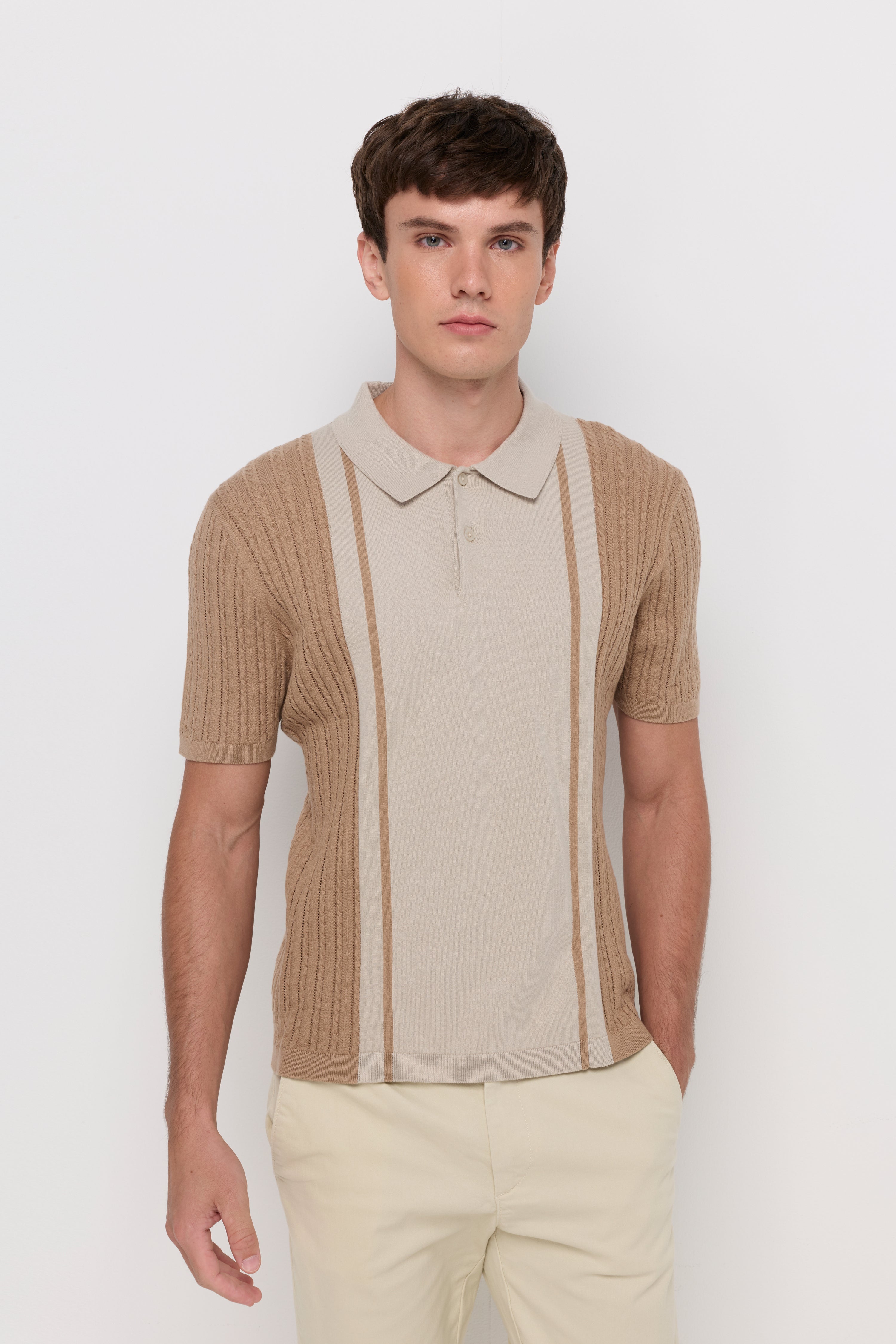 Textured Knit Panel Polo Brown