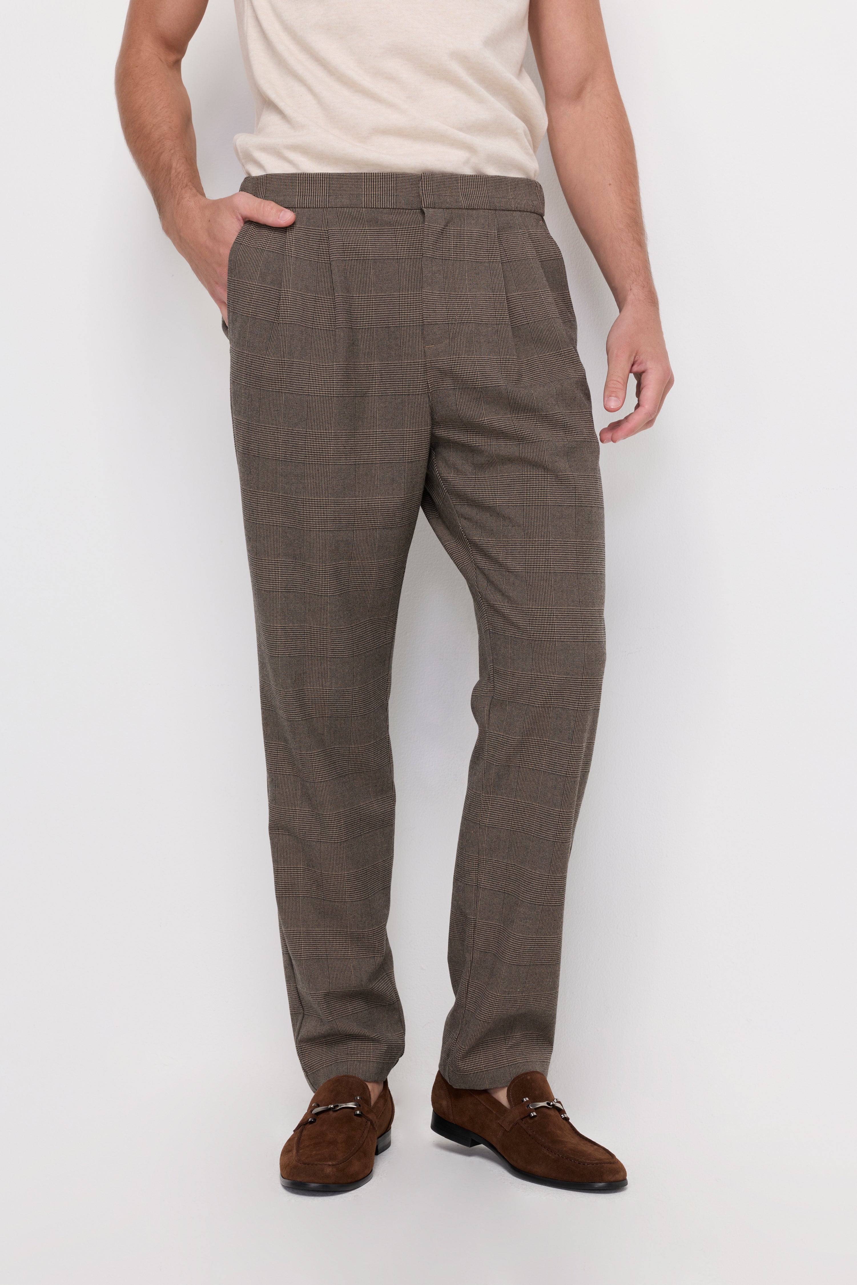 Glen Check Drawstring Trousers Check Brown