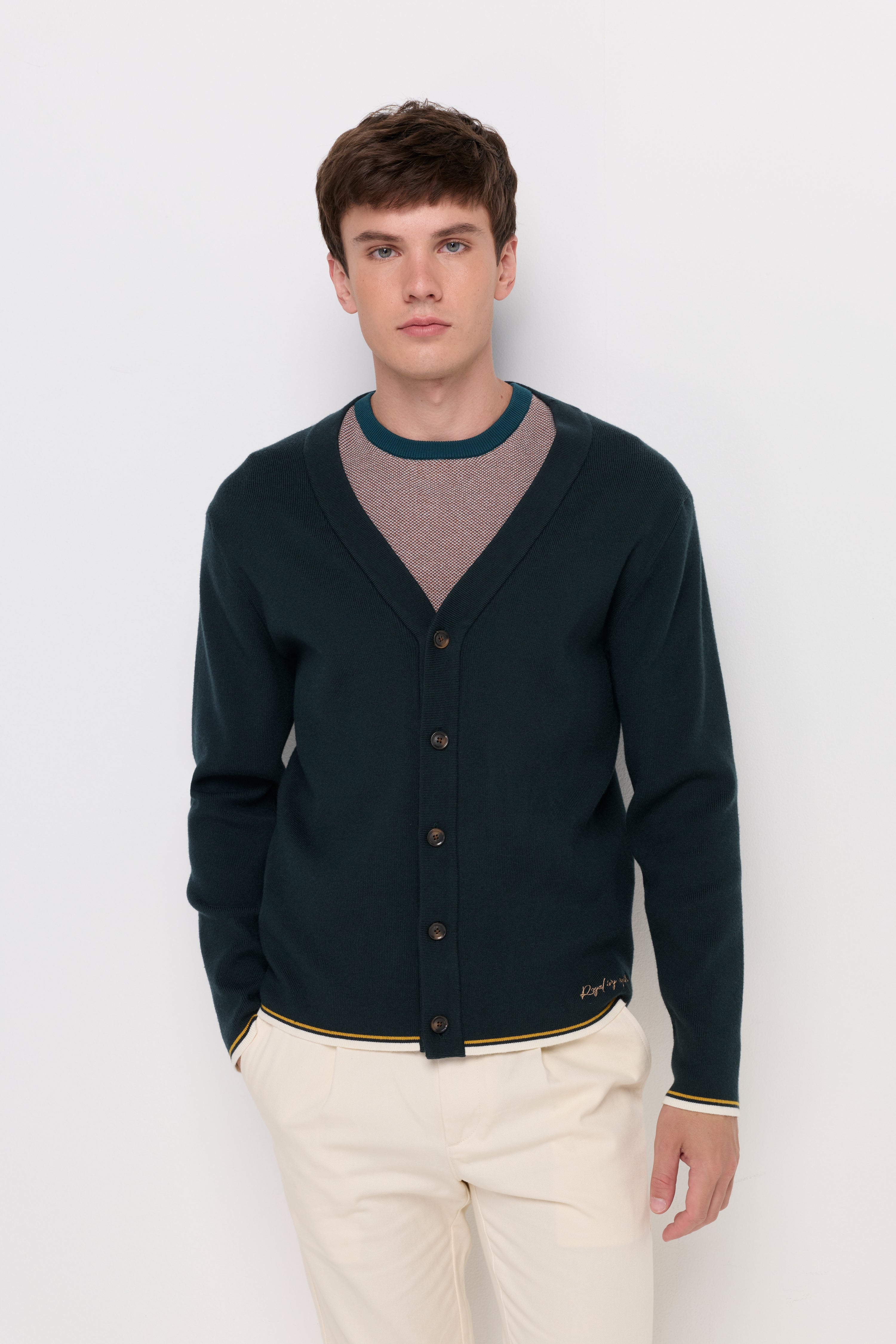 Rib-Trim Cotton Knit Cardigan Green