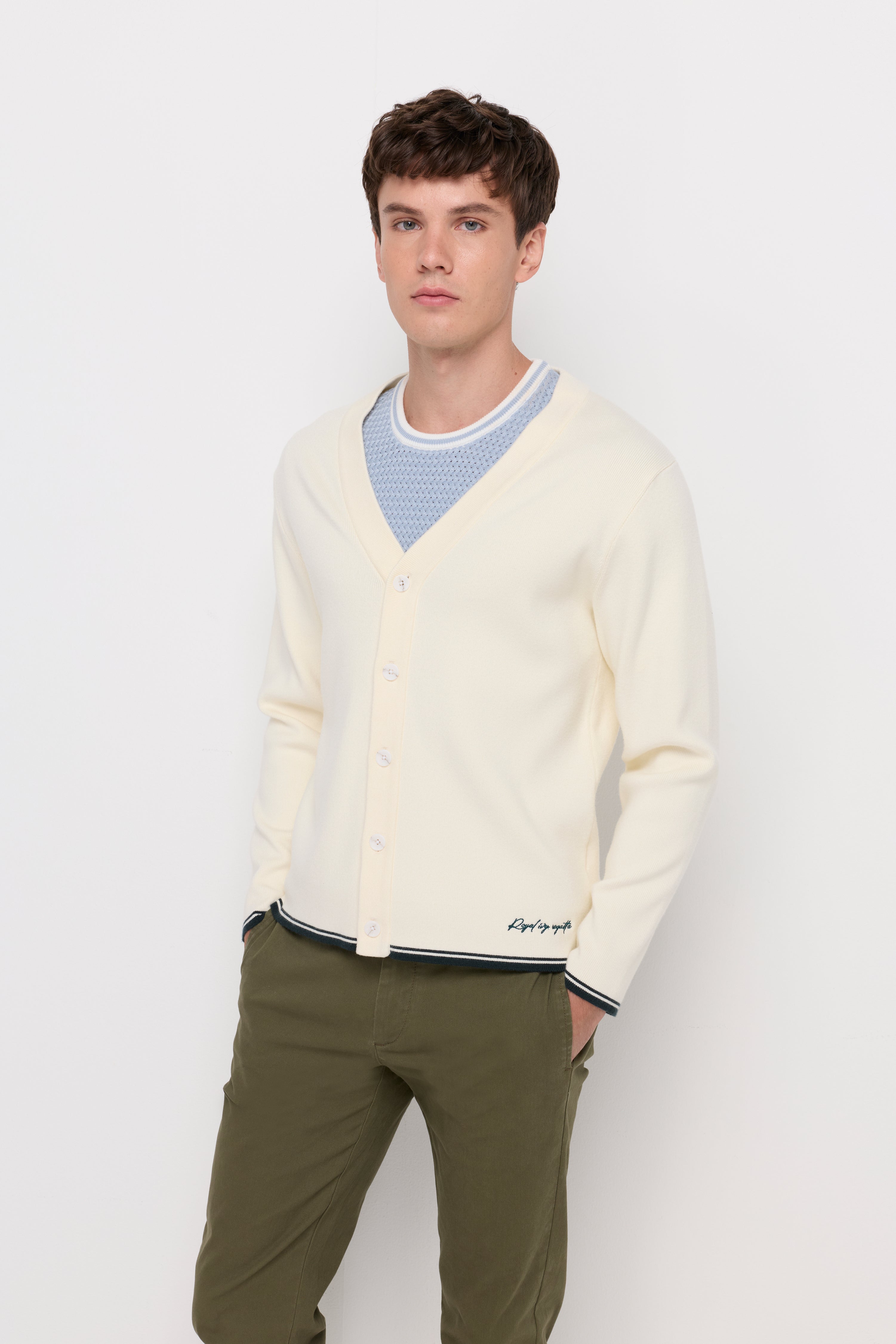 Rib-Trim Cotton Knit Cardigan Cream