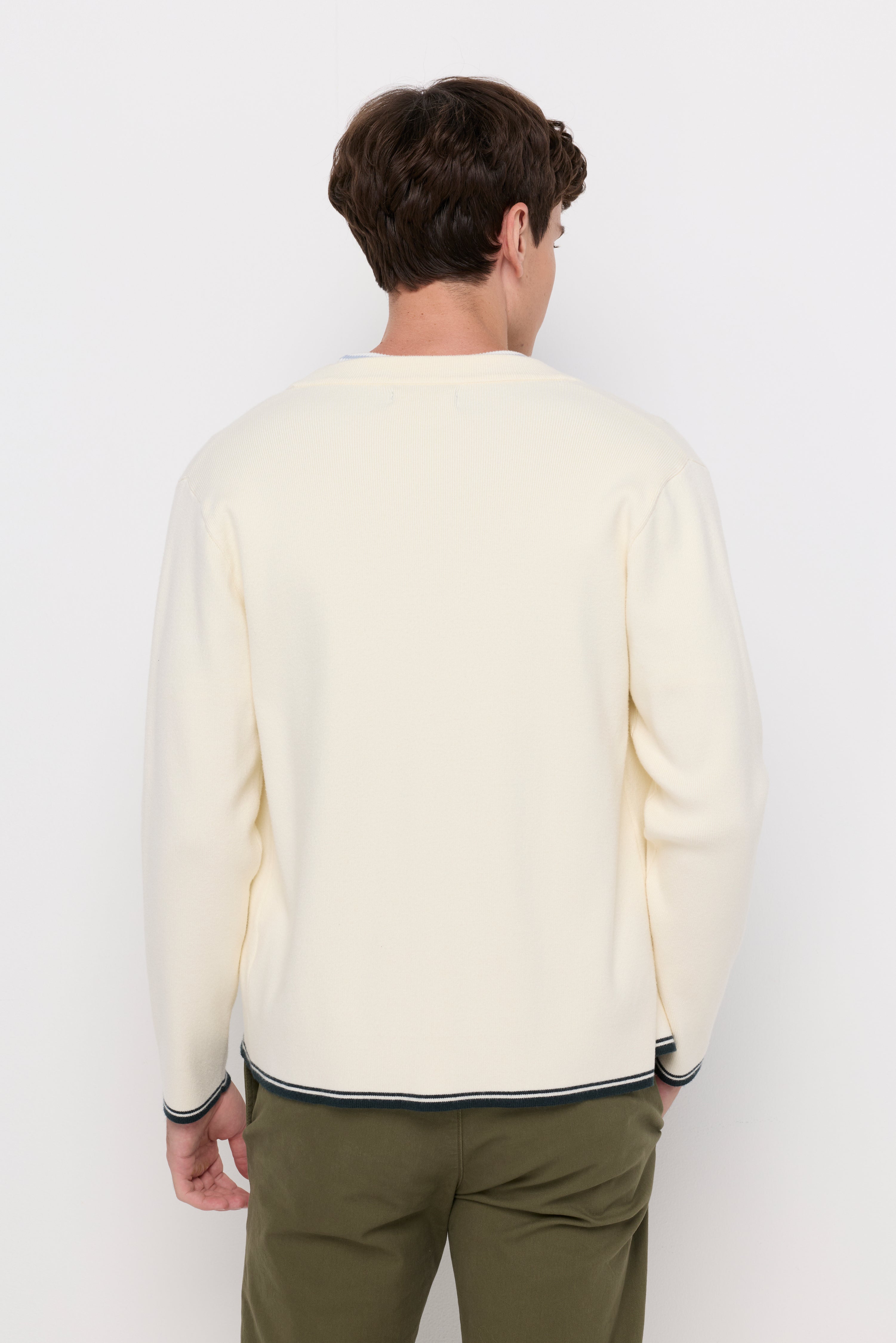Rib-Trim Cotton Knit Cardigan Cream
