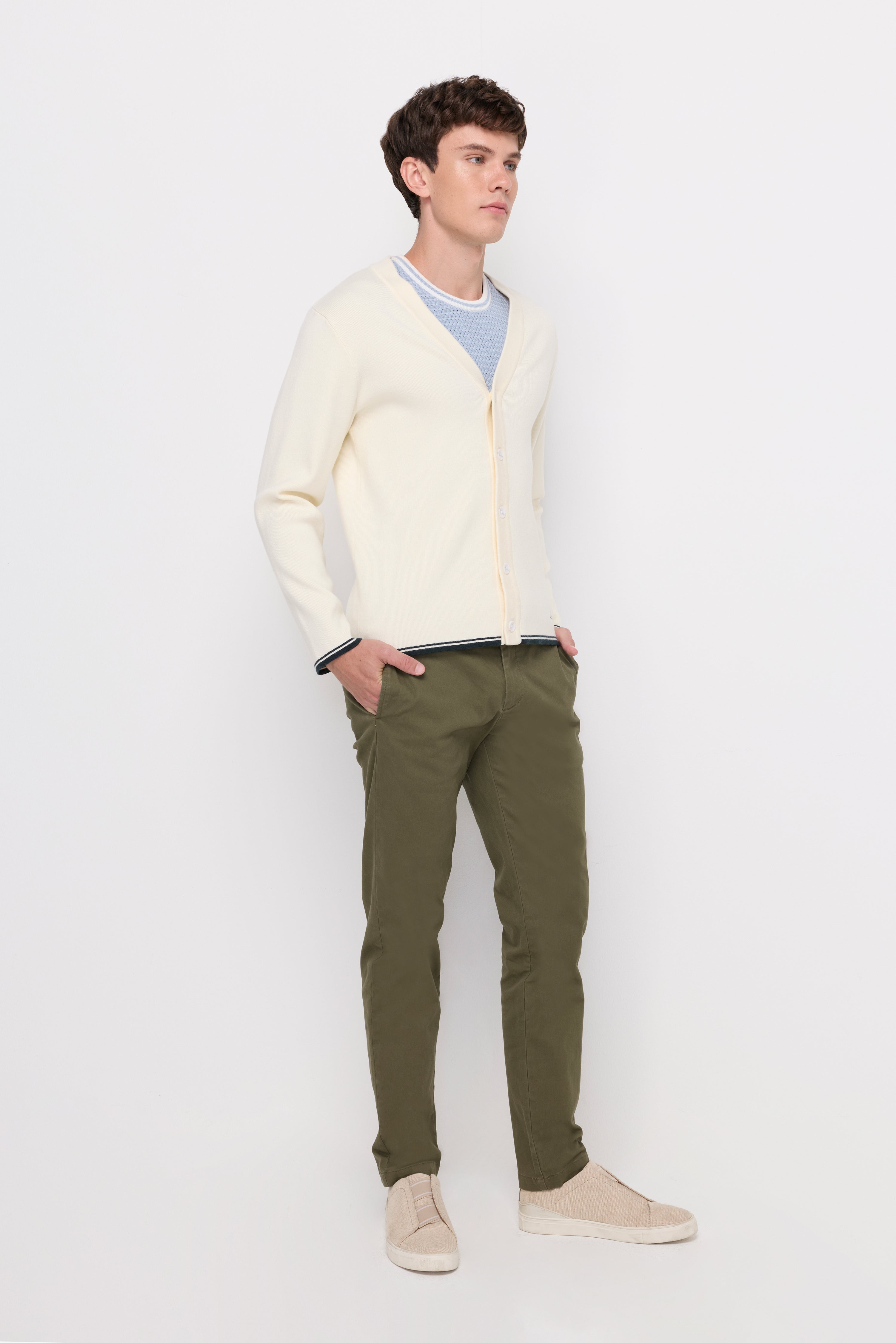 Rib-Trim Cotton Knit Cardigan Cream