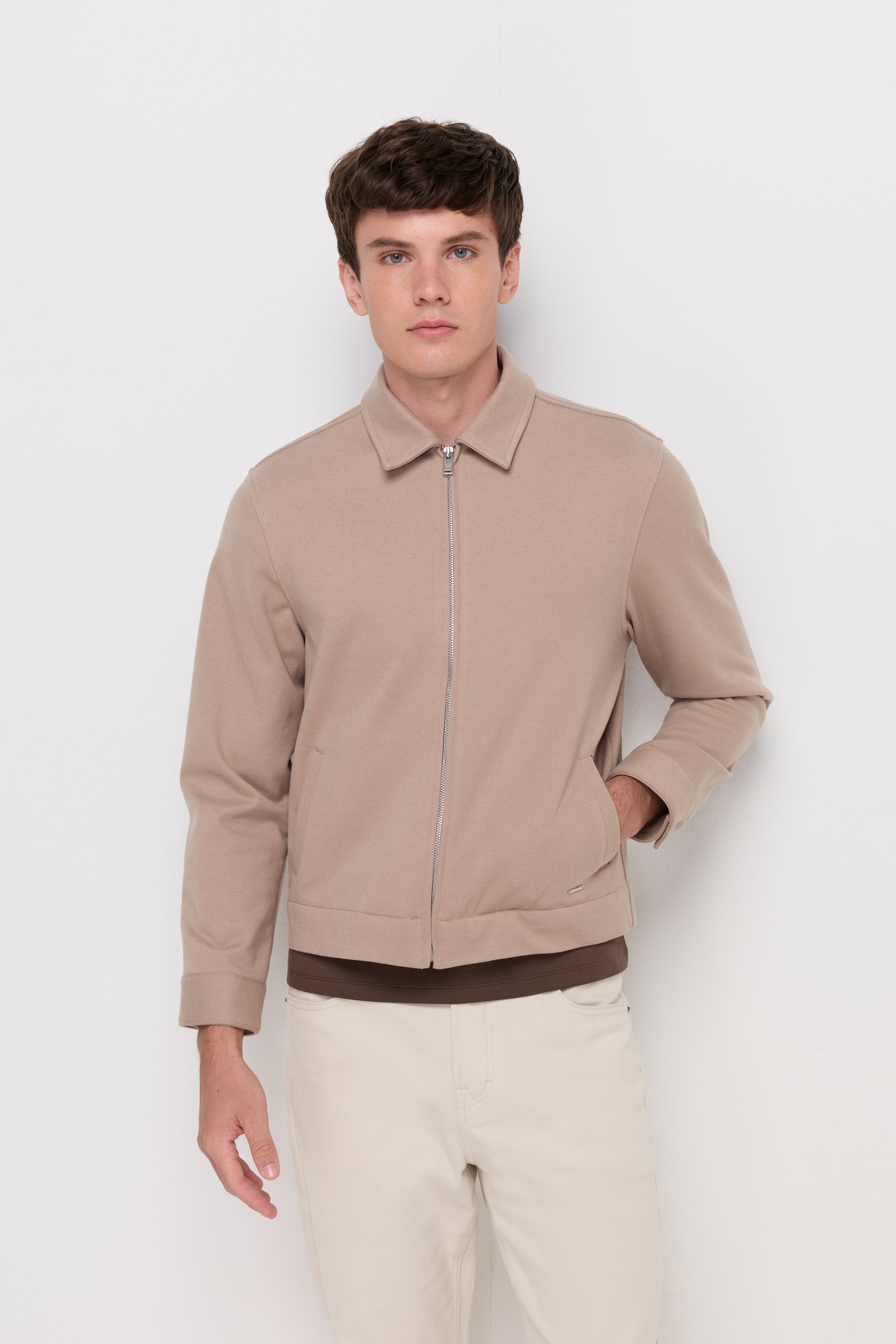 Textured Zip-Front Harrington Jacket Beige