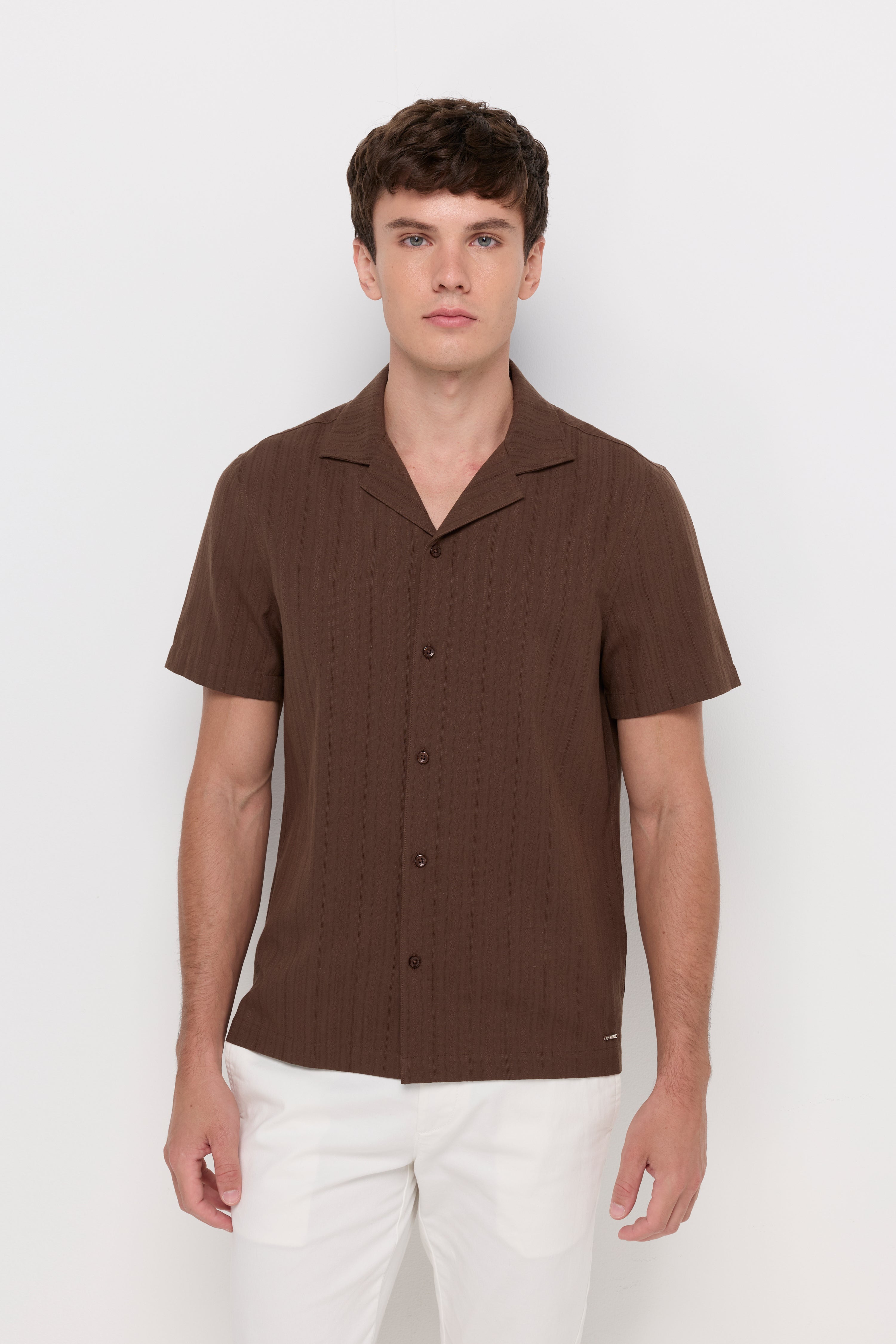 Textured Camp Collar Shirt Brown