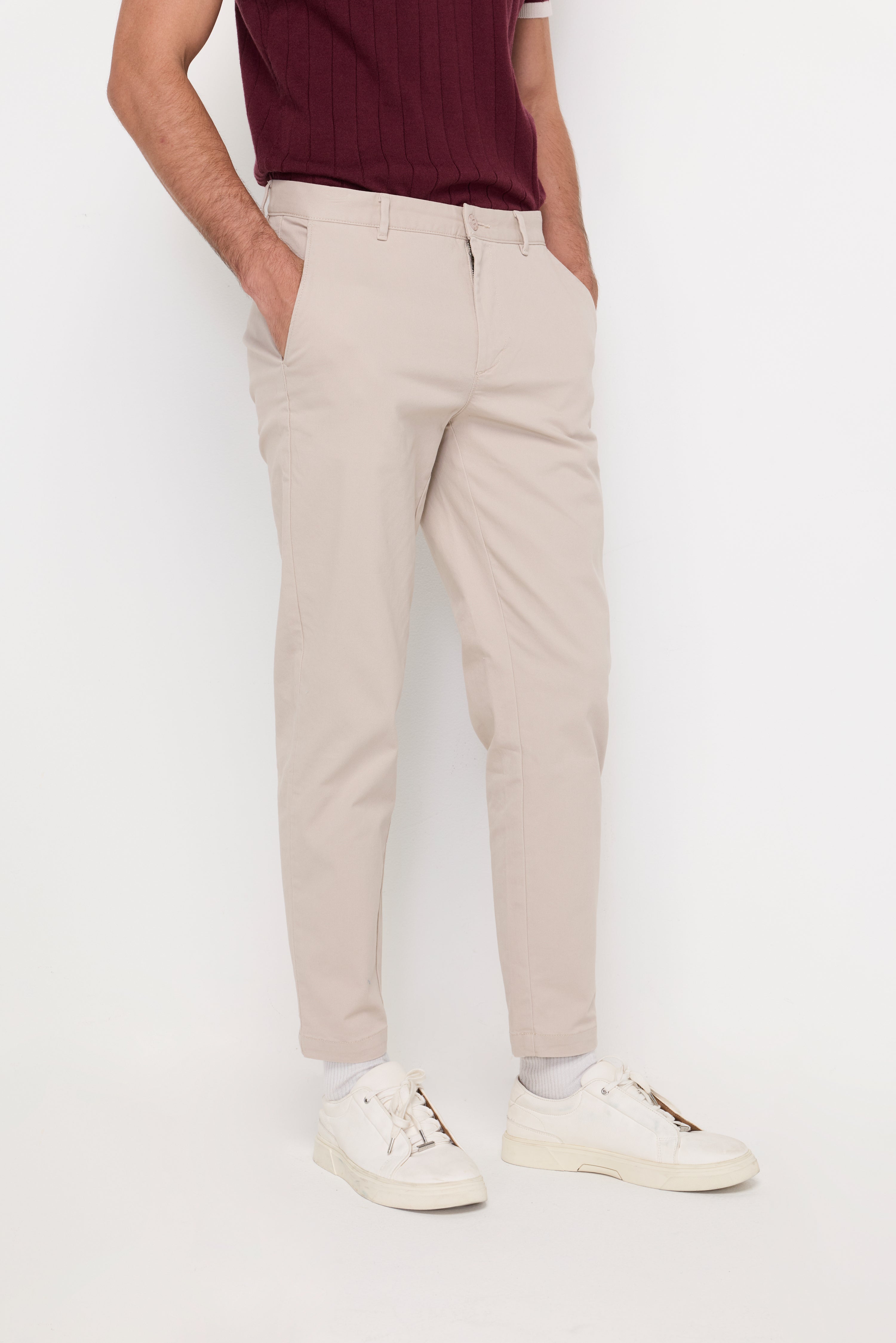 Slim-Fit Cotton Trousers Beige