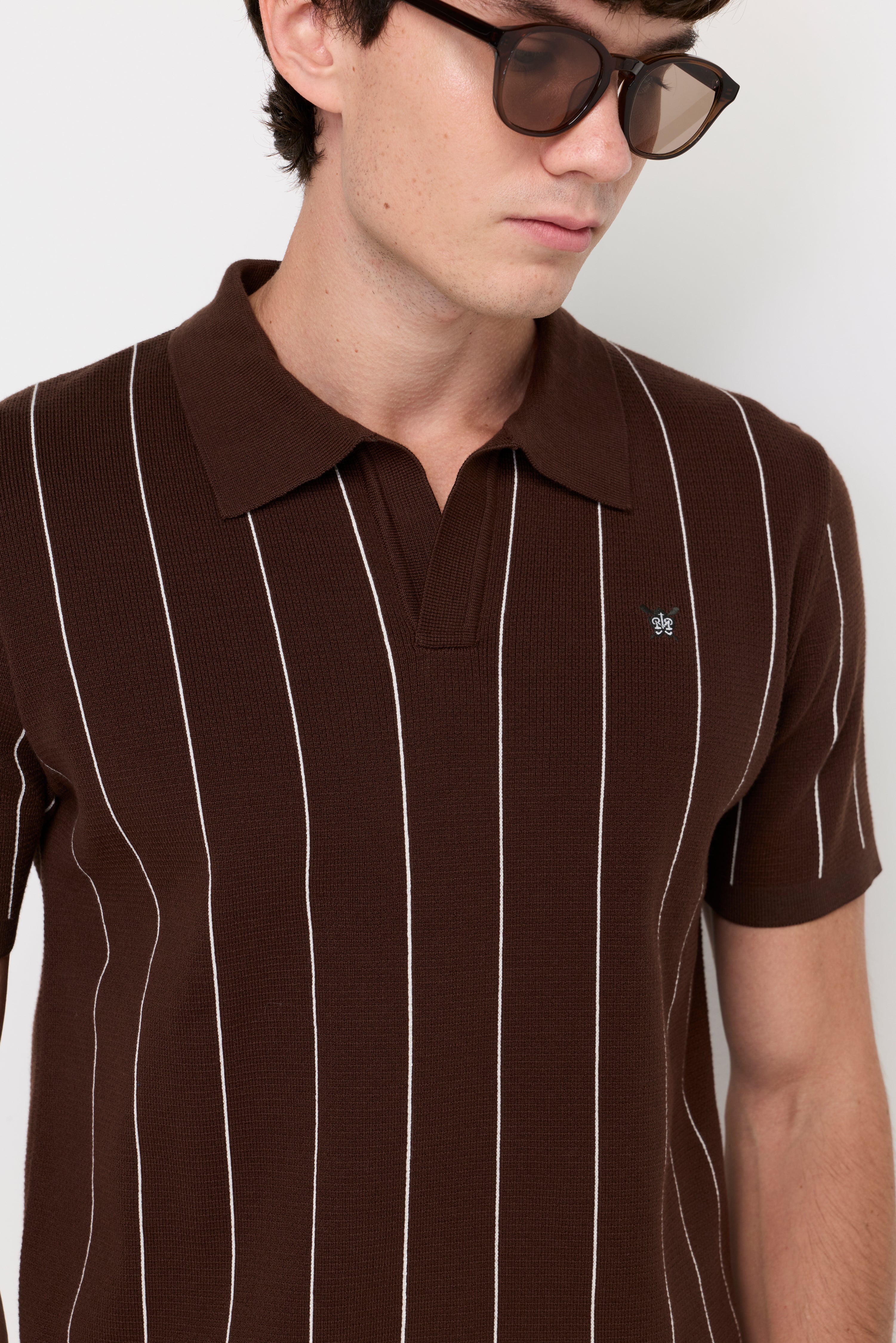 Vertical Stripe Textured Knit Polo Striped Brown