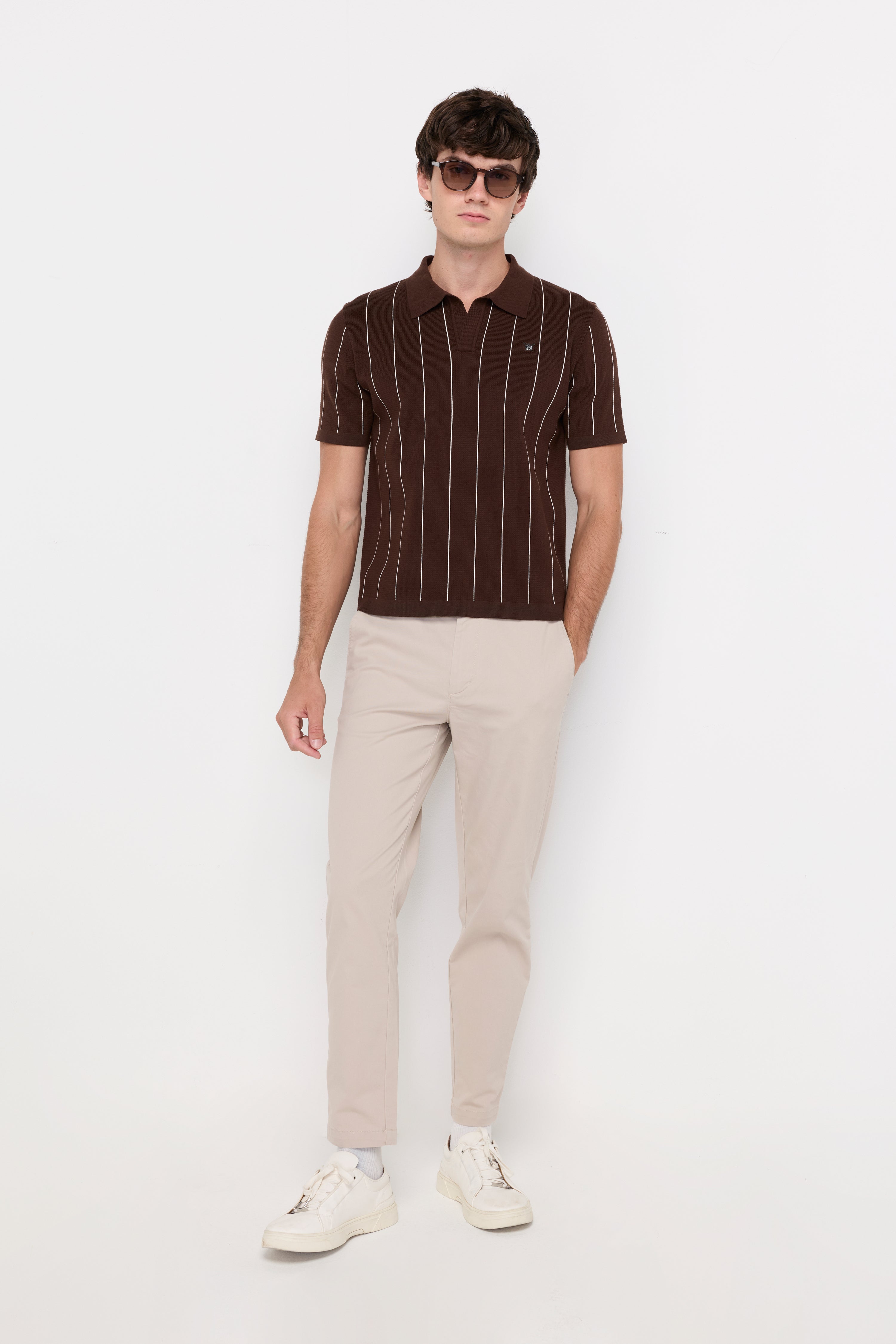 Vertical Stripe Textured Knit Polo Striped Brown