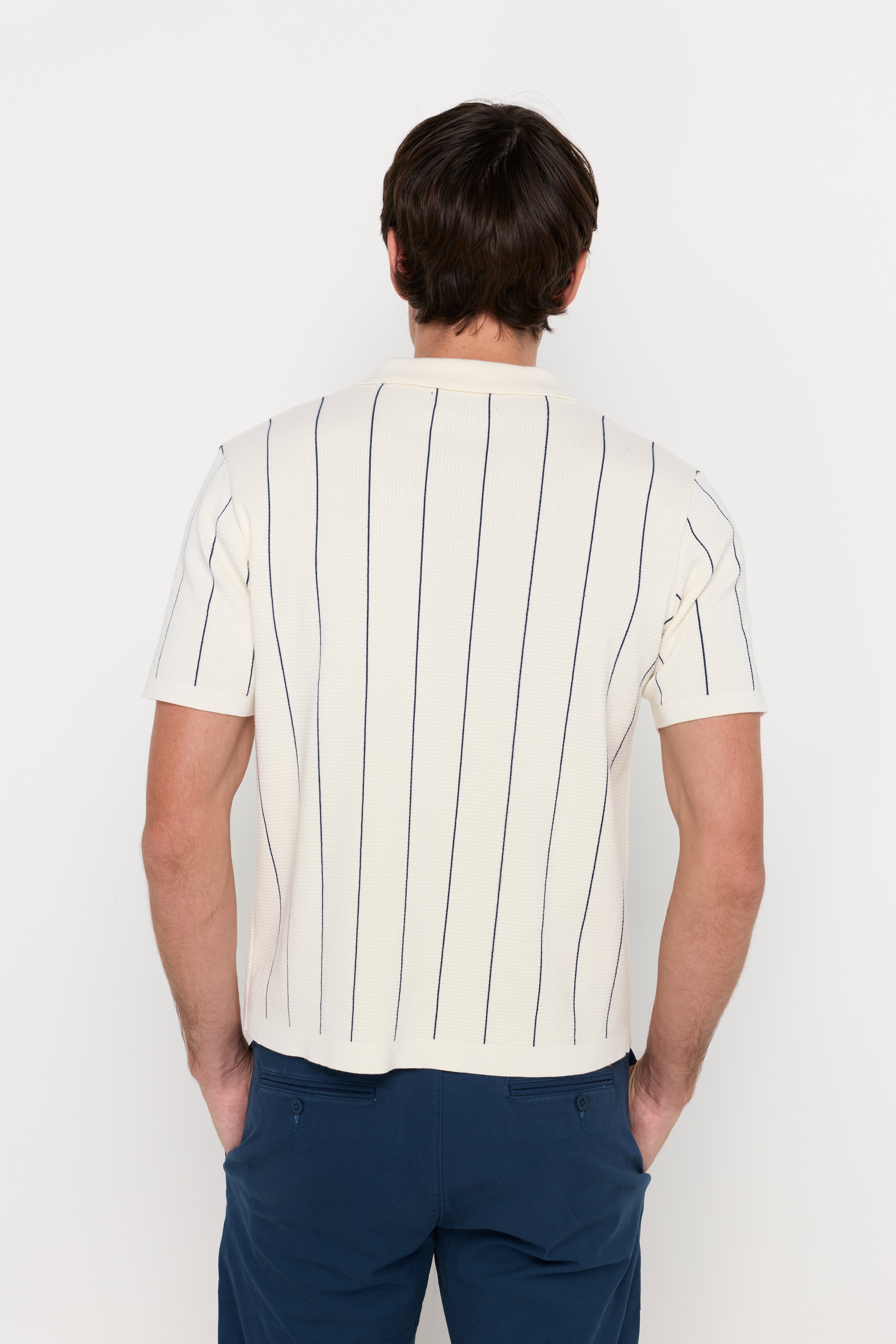 Vertical Stripe Textured Knit Polo Striped Off-White