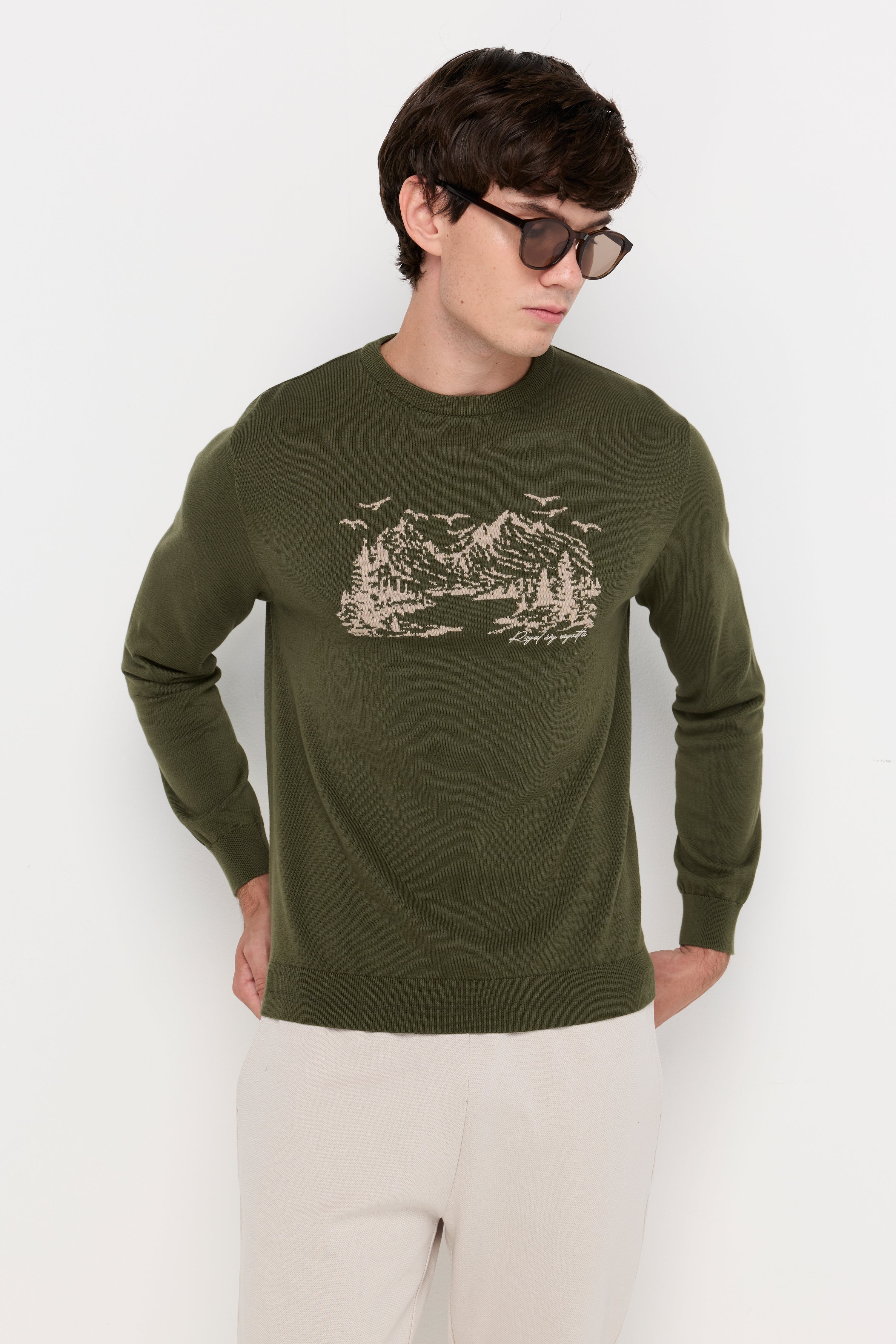Scenic Graphic Textured Knit Sweater Green