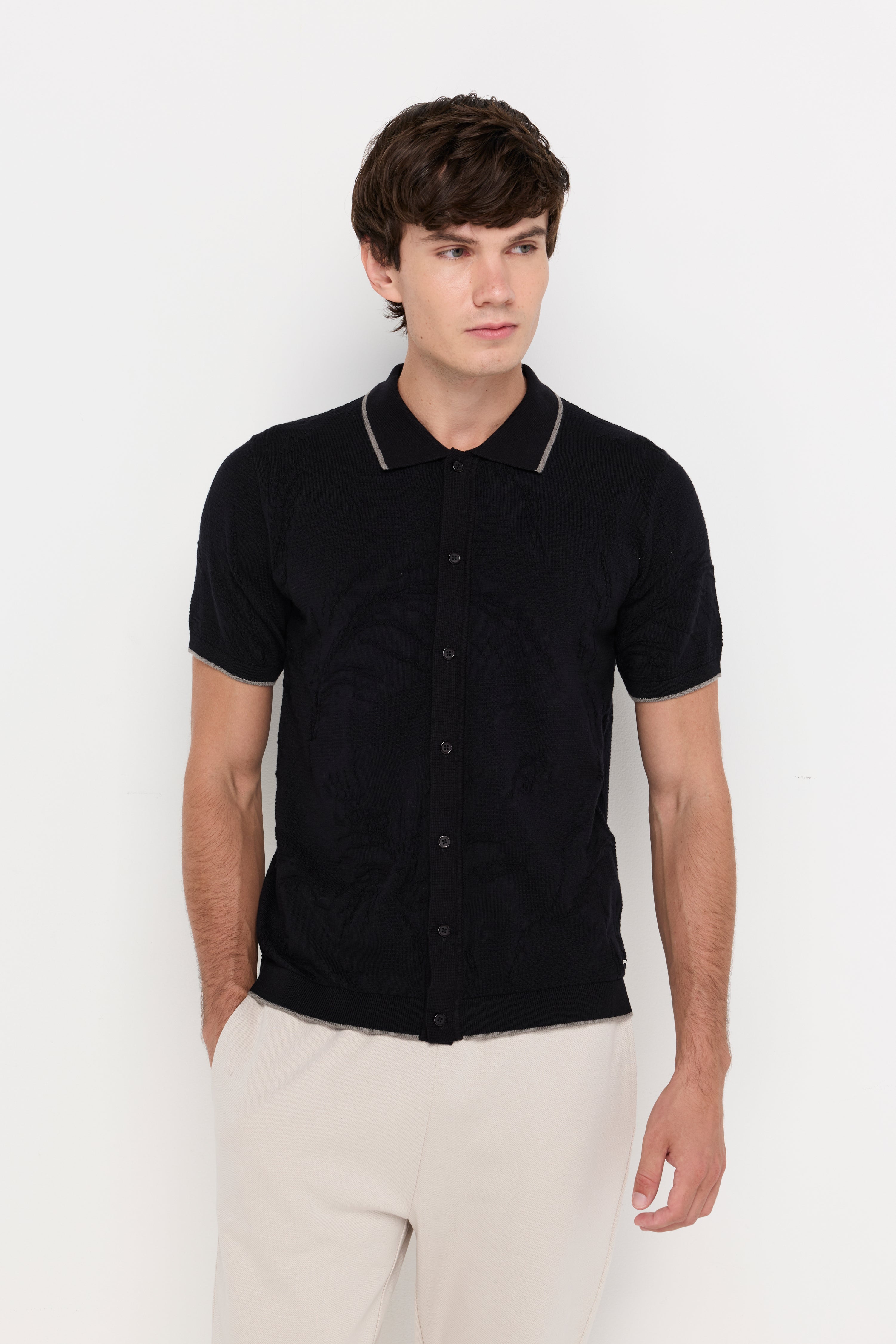Contrast Trim Knit Cardigan Polo Black