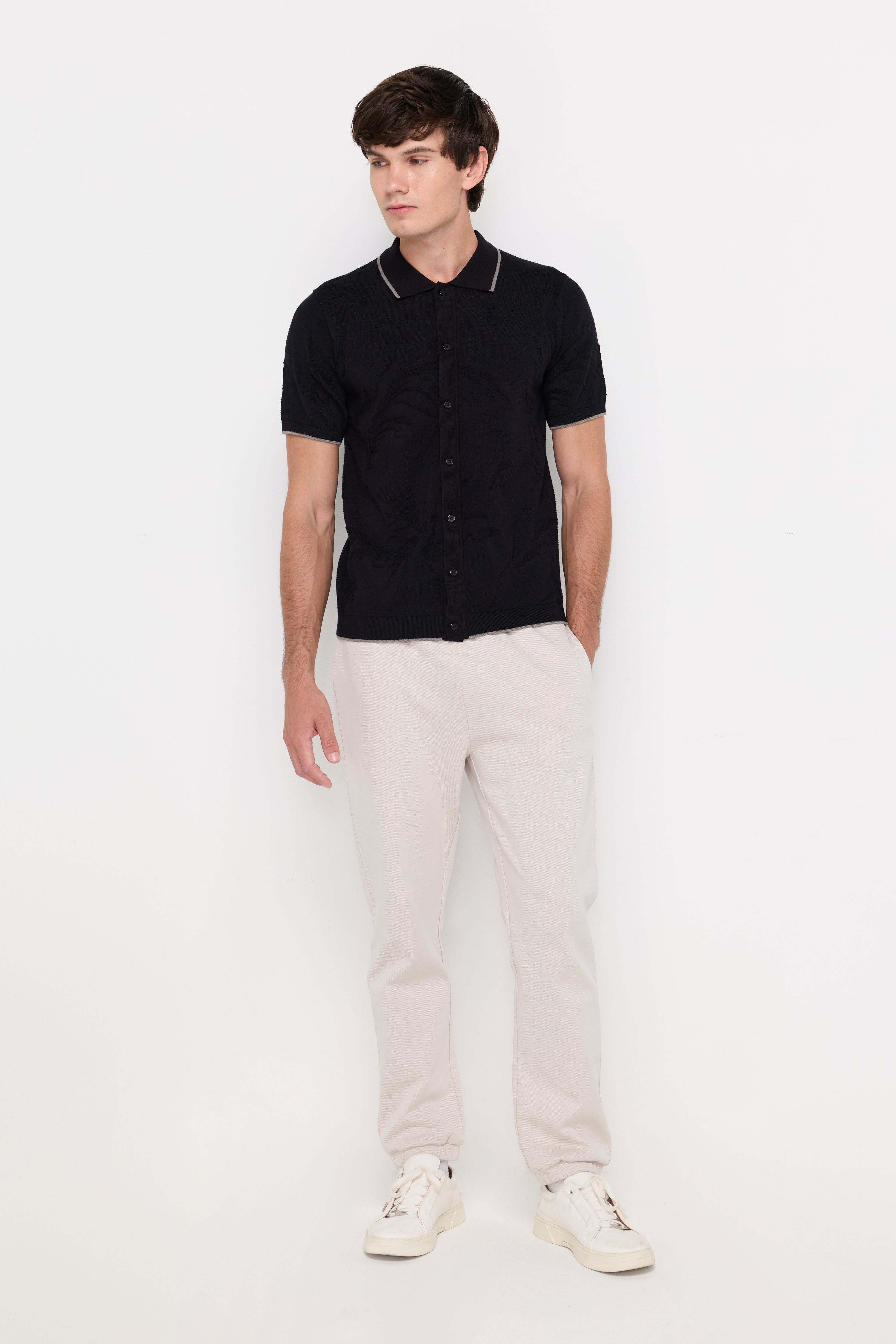 Contrast Trim Knit Cardigan Polo Black
