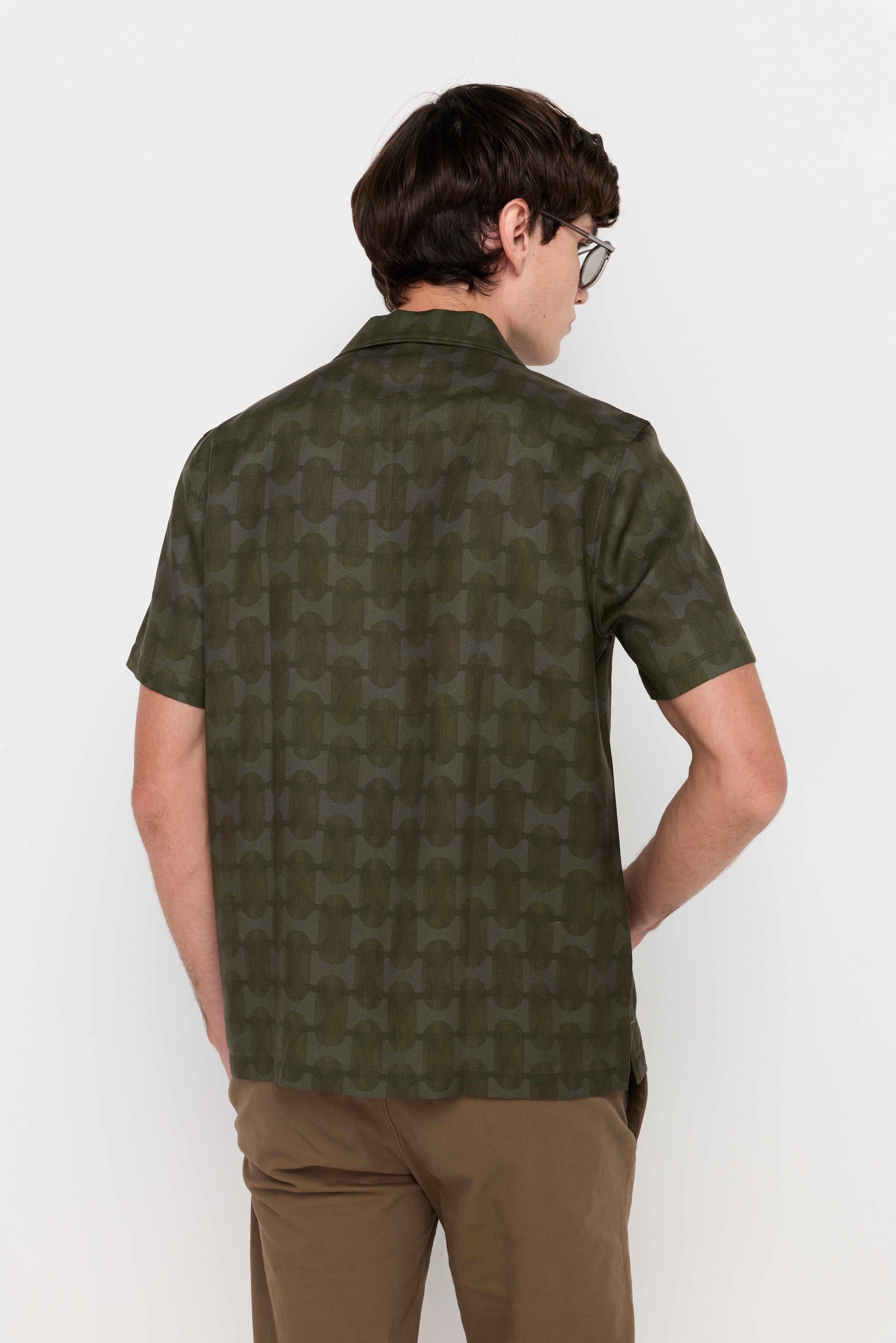 Tonal Geometric Camp-Collar Shirt Dark Green