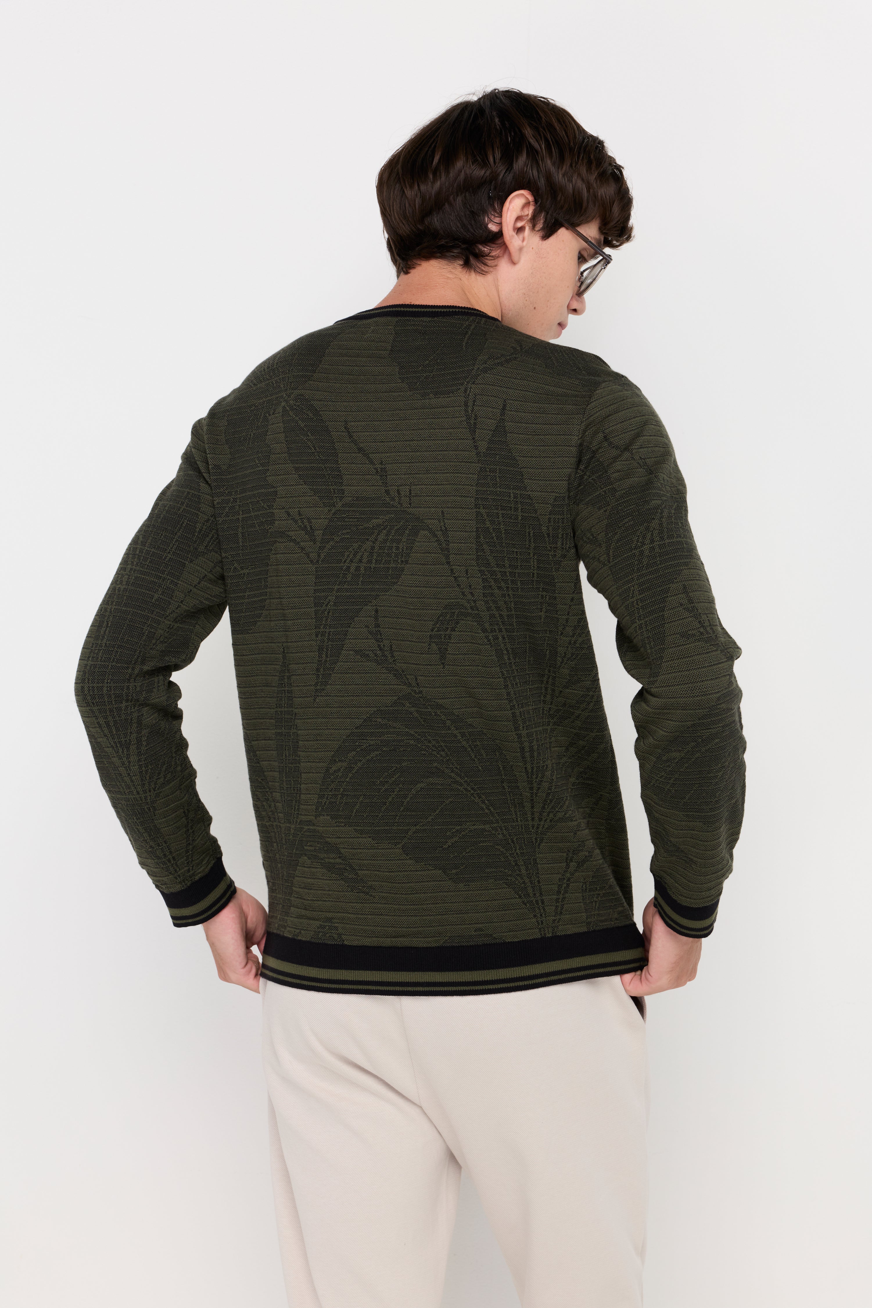 Contrast Trim Textured Knit Sweater Dark Green