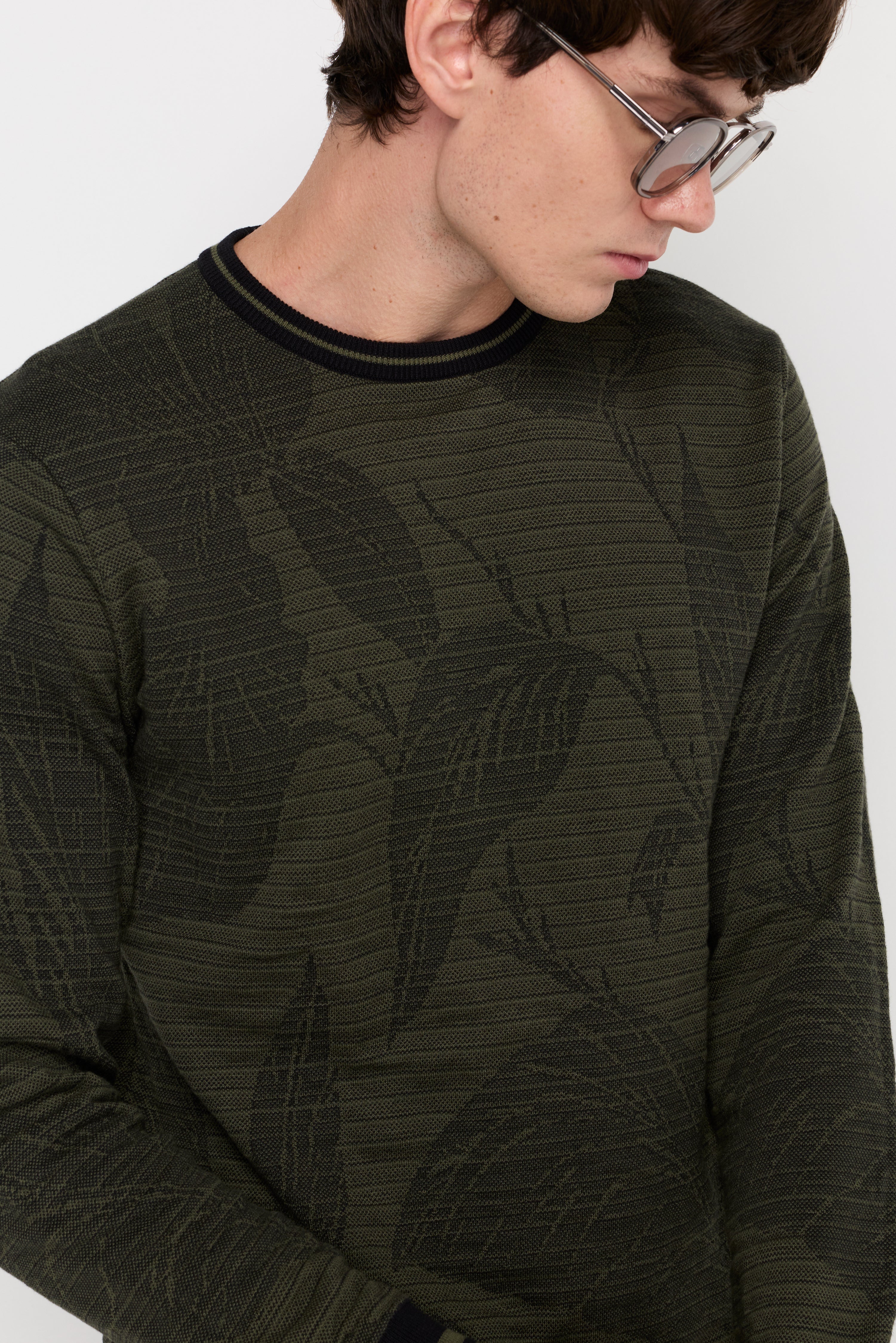 Contrast Trim Textured Knit Sweater Dark Green