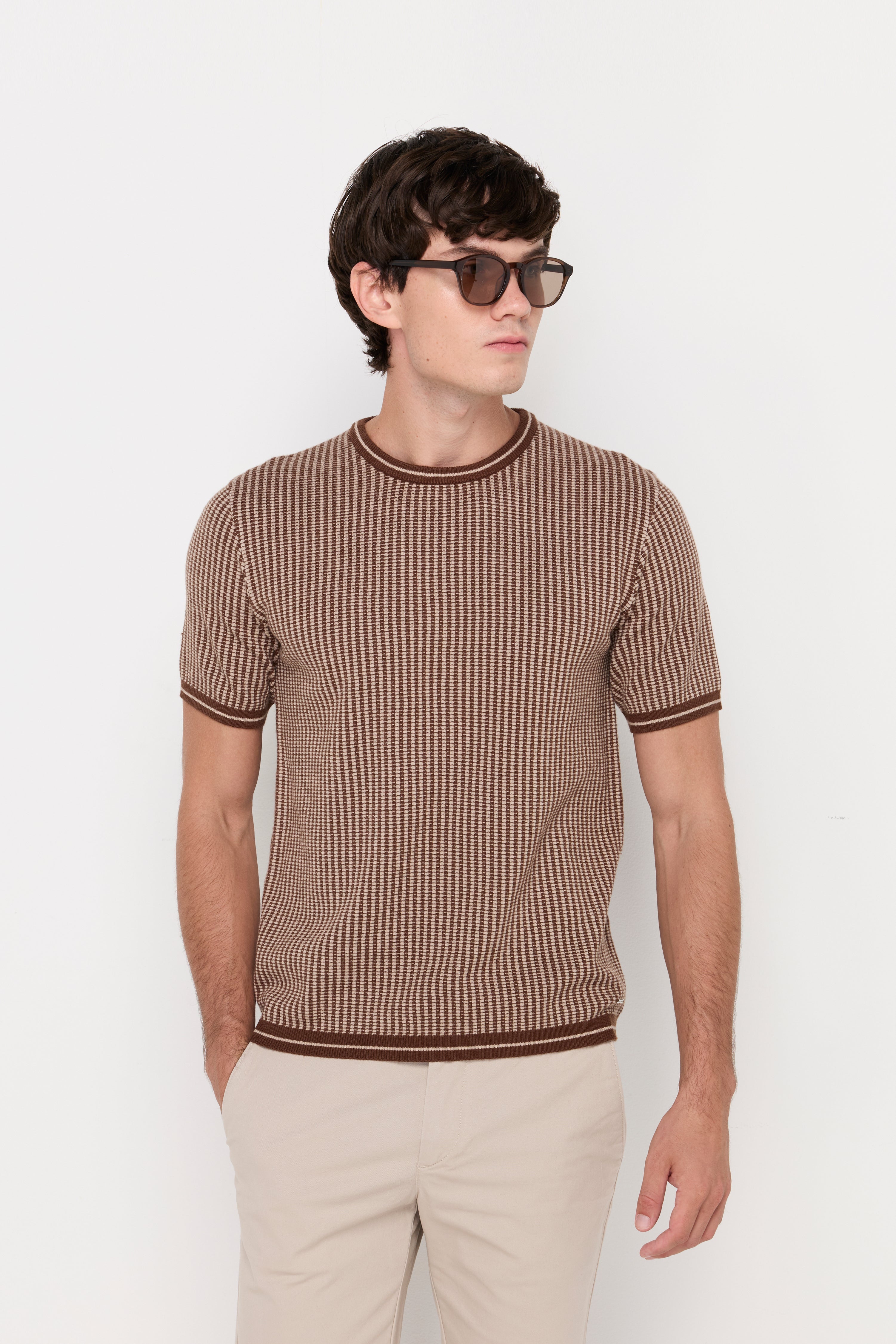 Vertical Micro-Stripe Knit Tee Dark Brown