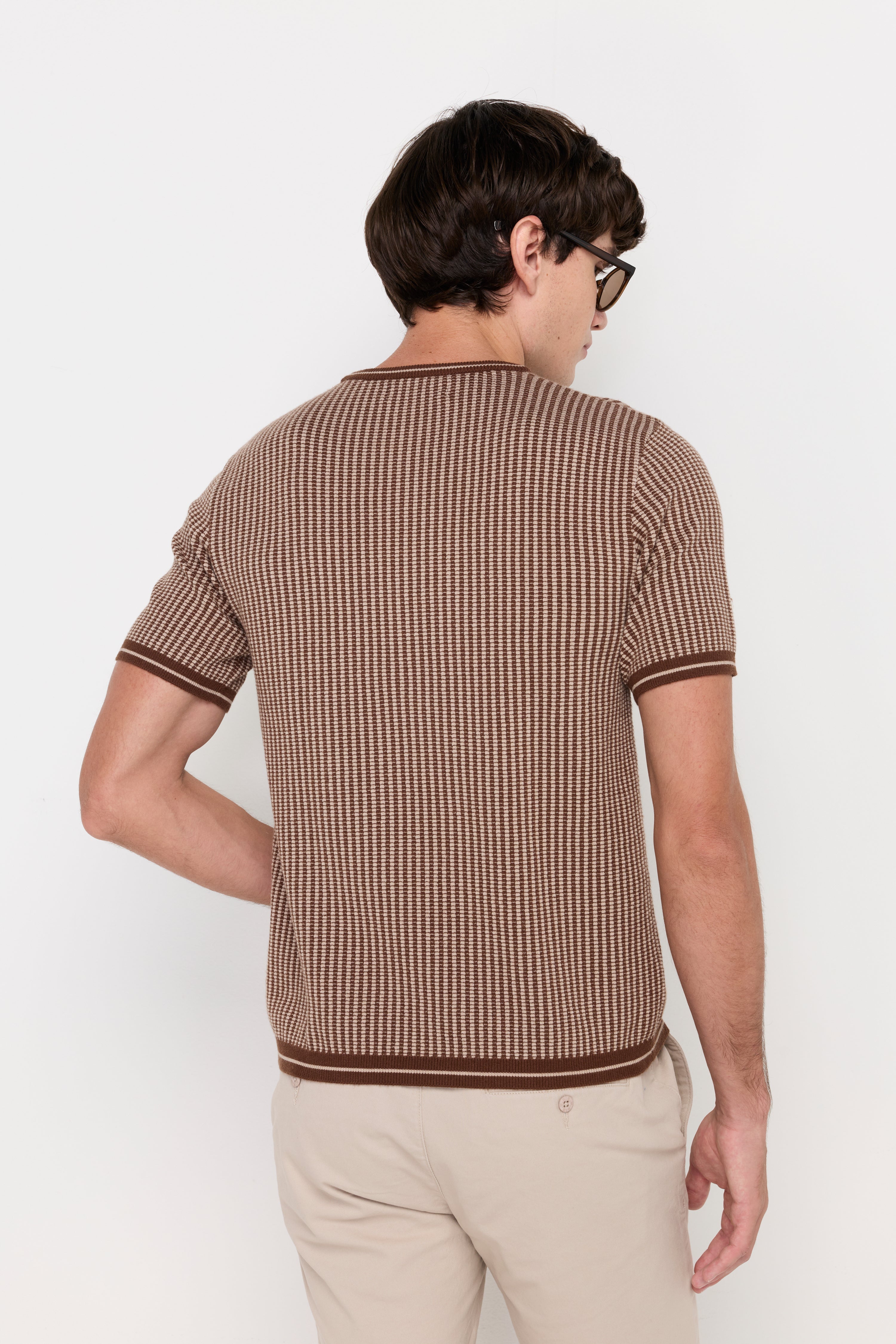 Vertical Micro-Stripe Knit Tee Dark Brown