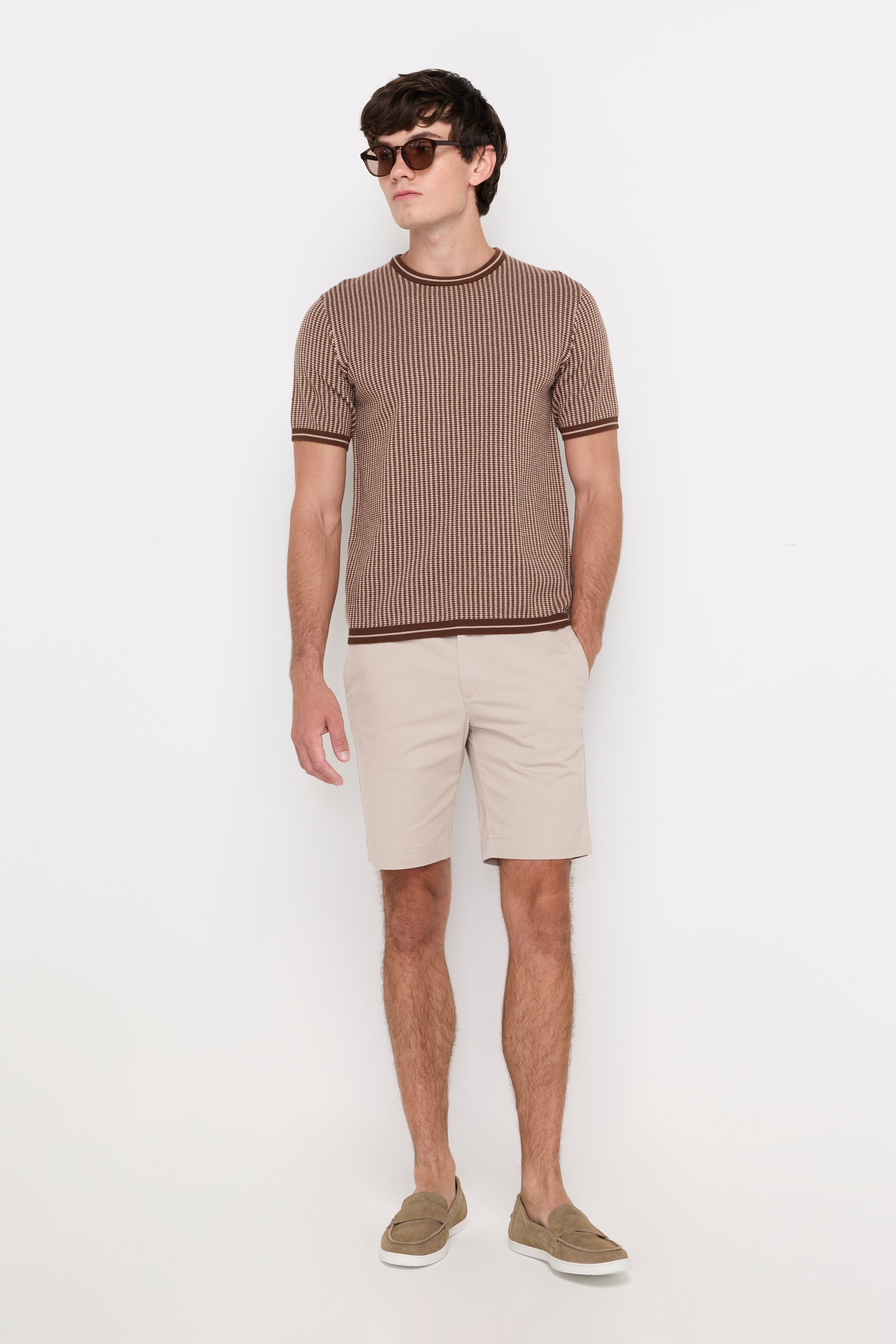Vertical Micro-Stripe Knit Tee Dark Brown