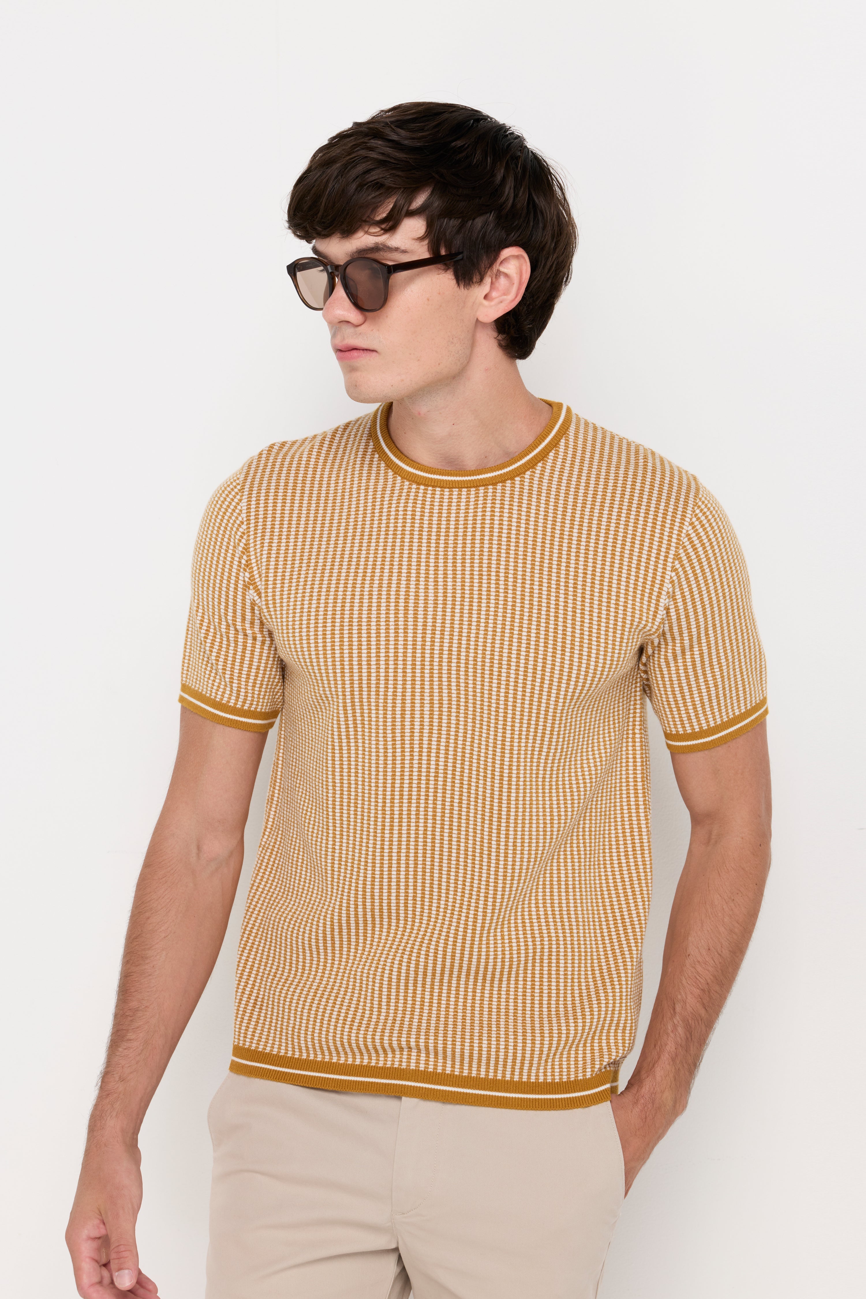 Vertical Micro-Stripe Knit Tee Yellow