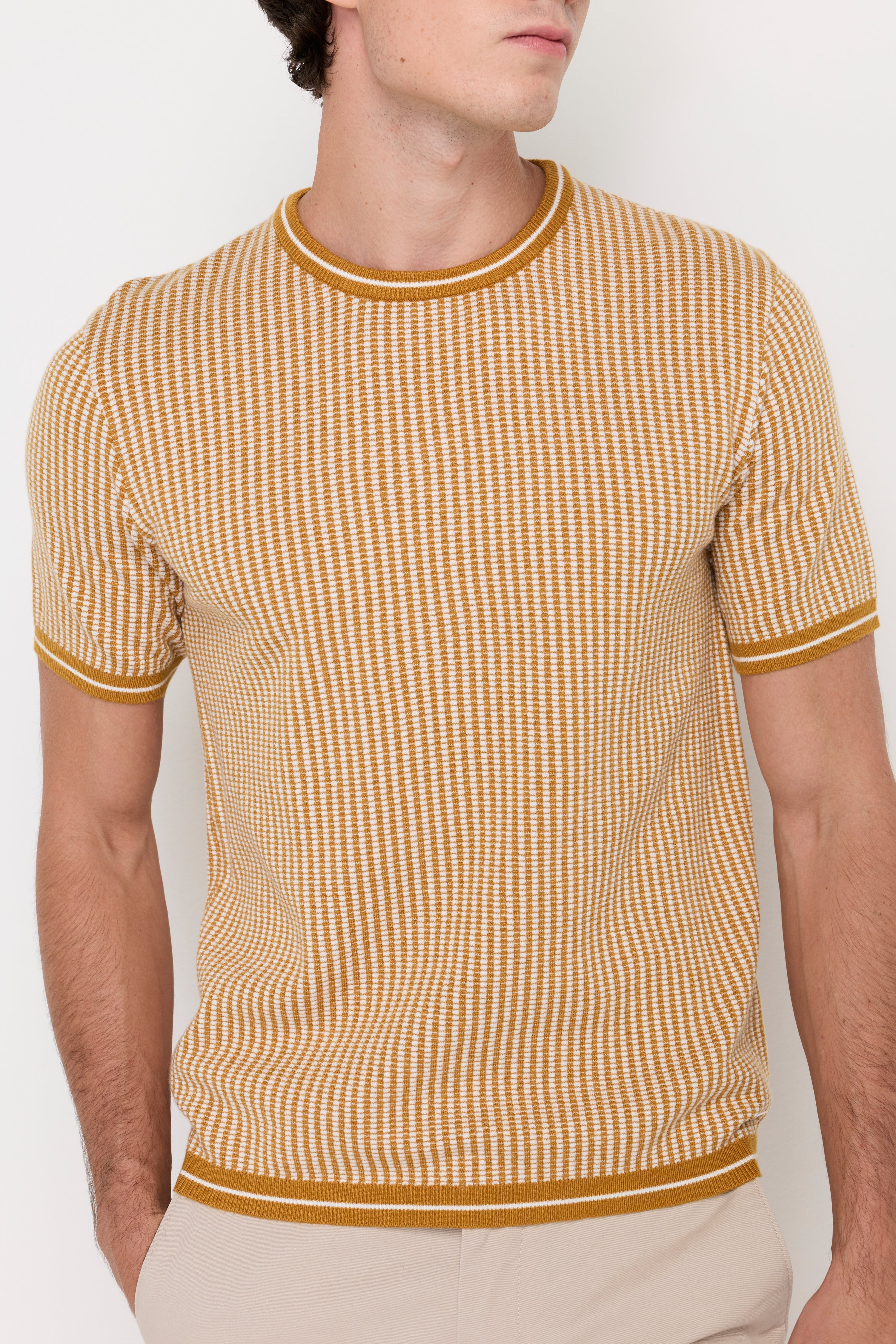 Vertical Micro-Stripe Knit Tee Yellow