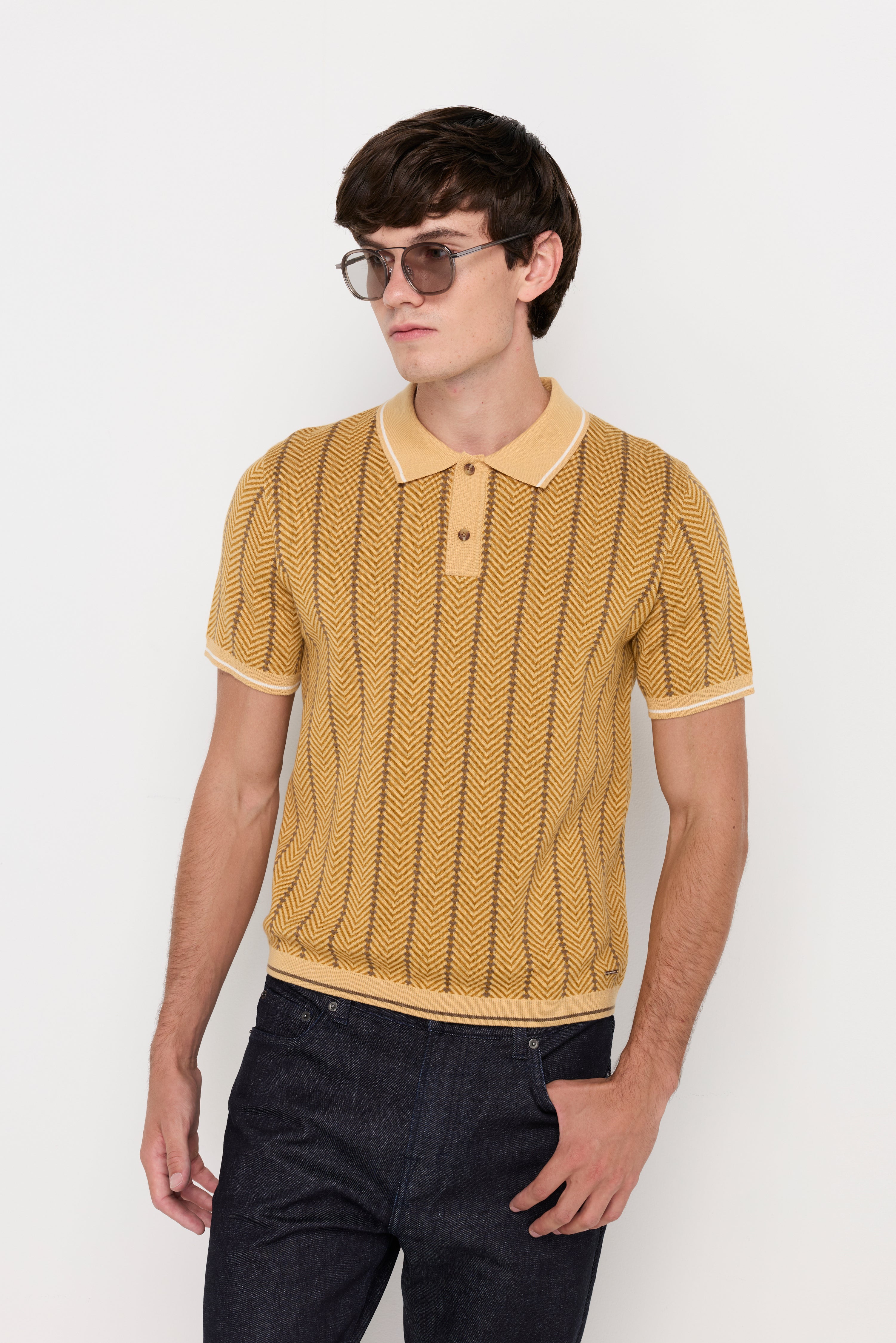 Herringbone Contrast Knit Polo Yellow