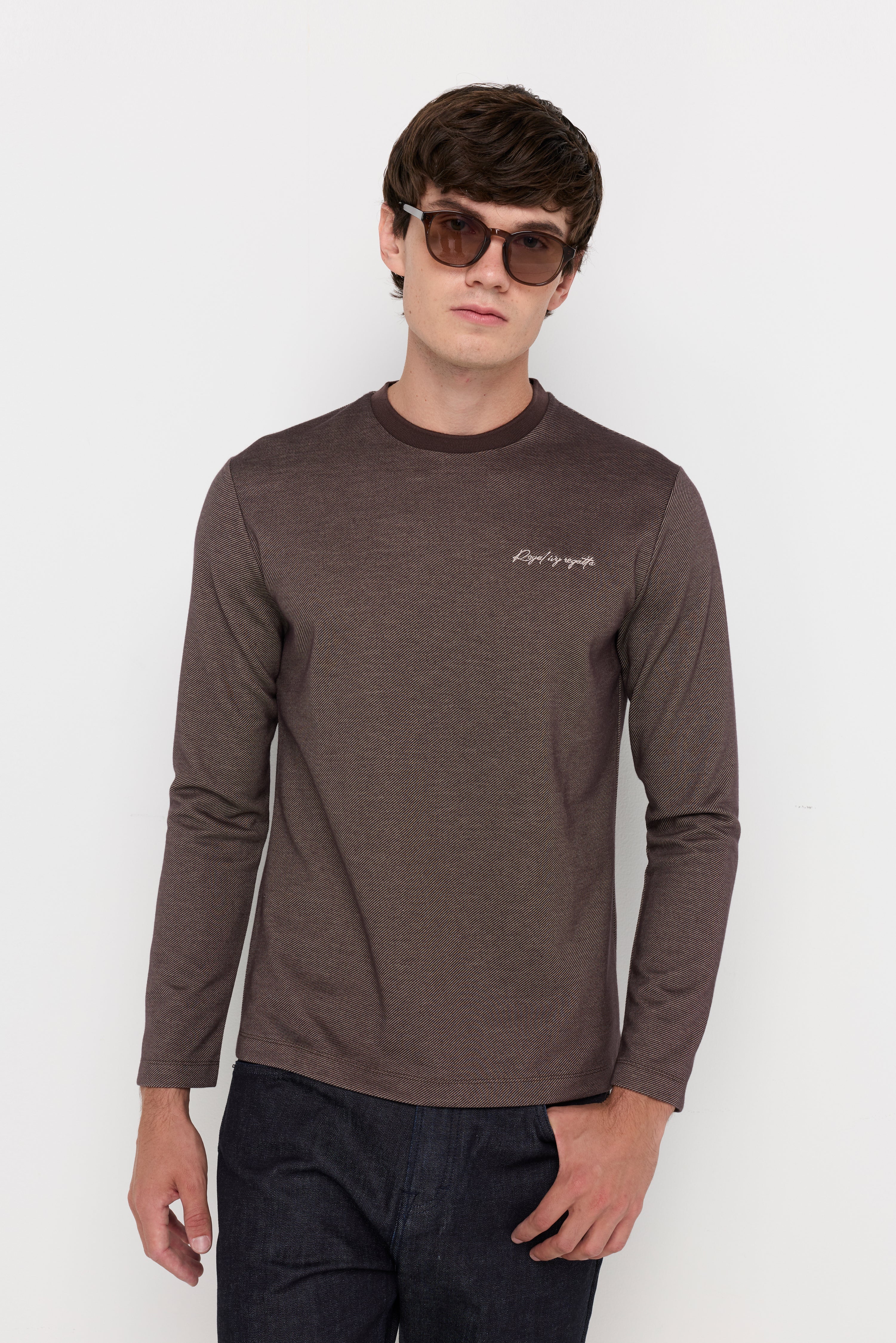Micro-Textured Knit Crew Neck Top Dark Brown
