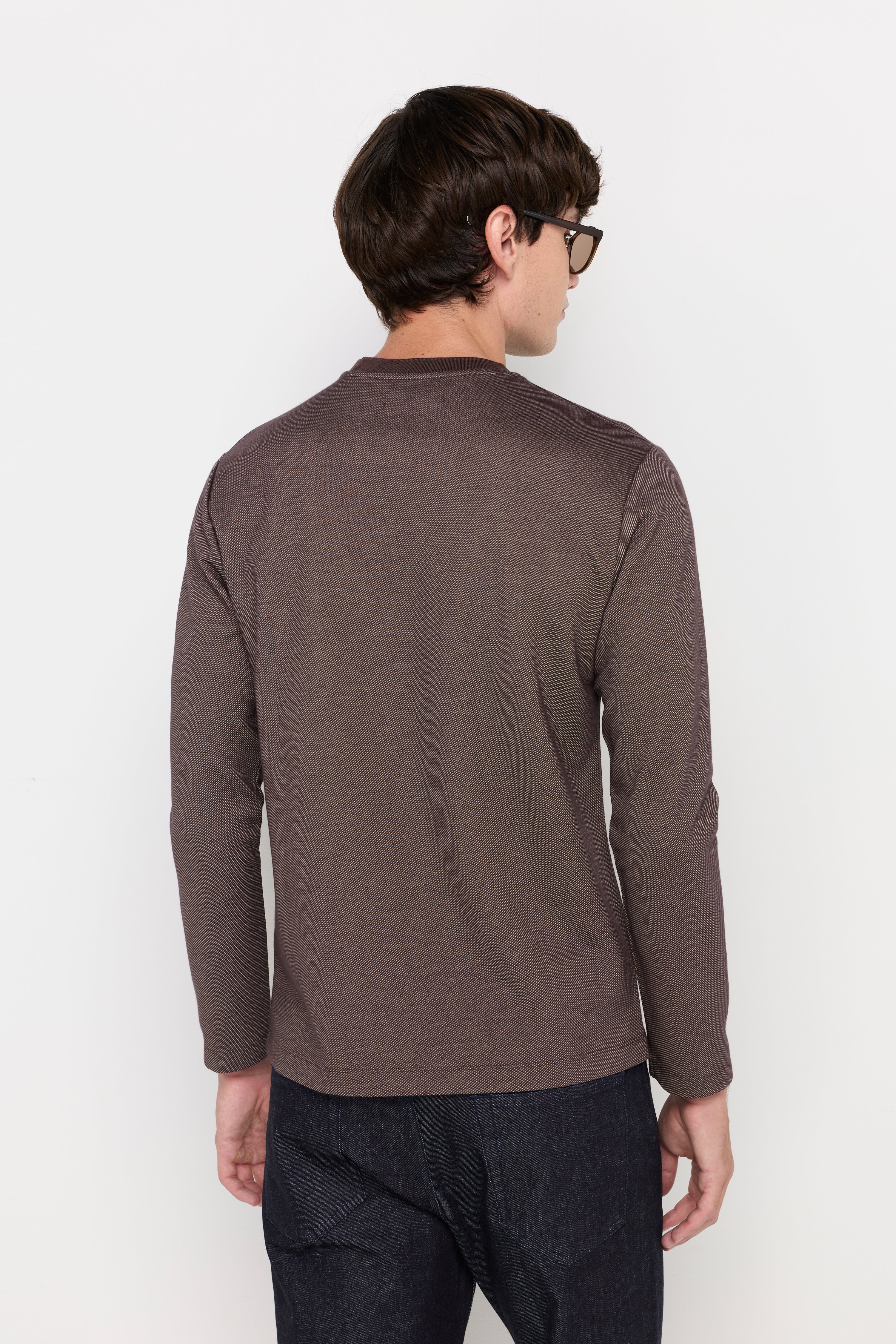 Micro-Textured Knit Crew Neck Top Dark Brown