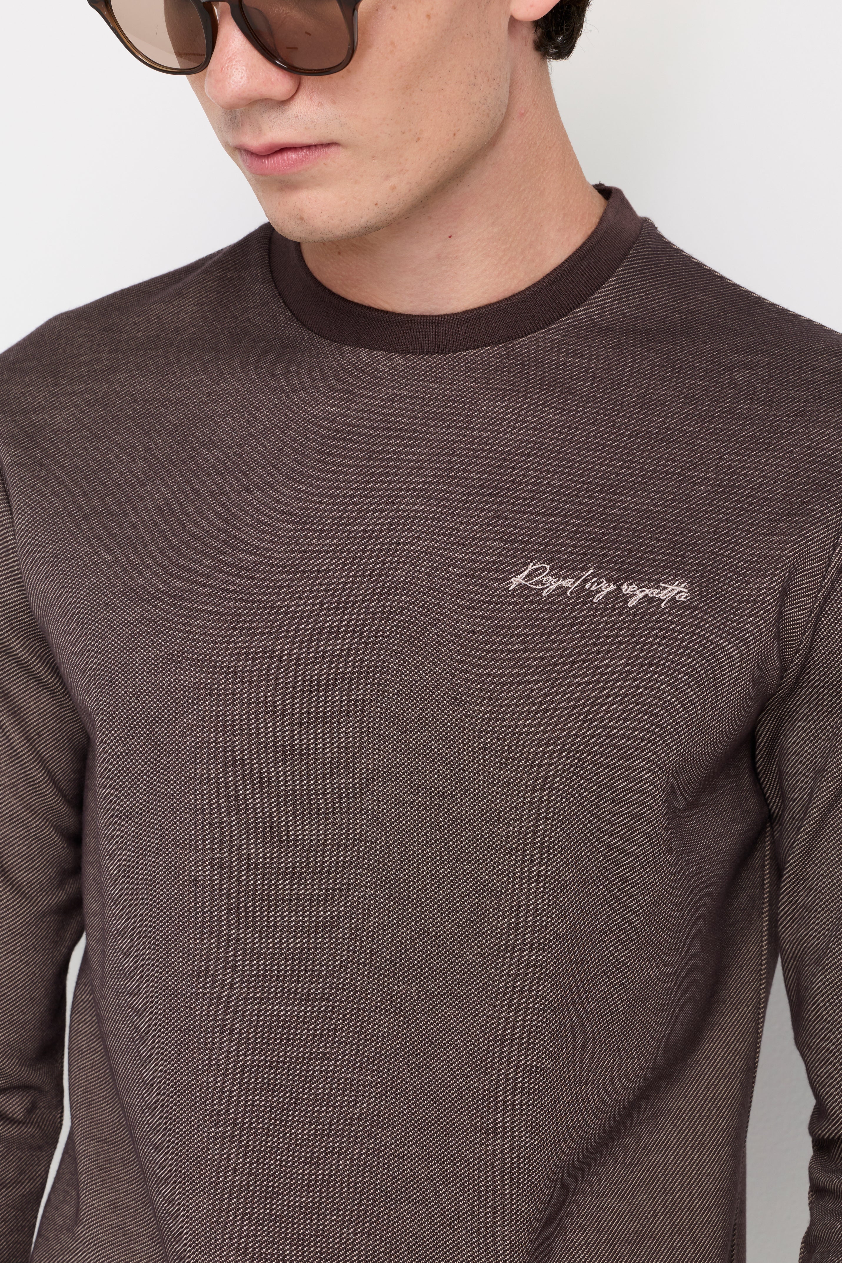 Micro-Textured Knit Crew Neck Top Dark Brown