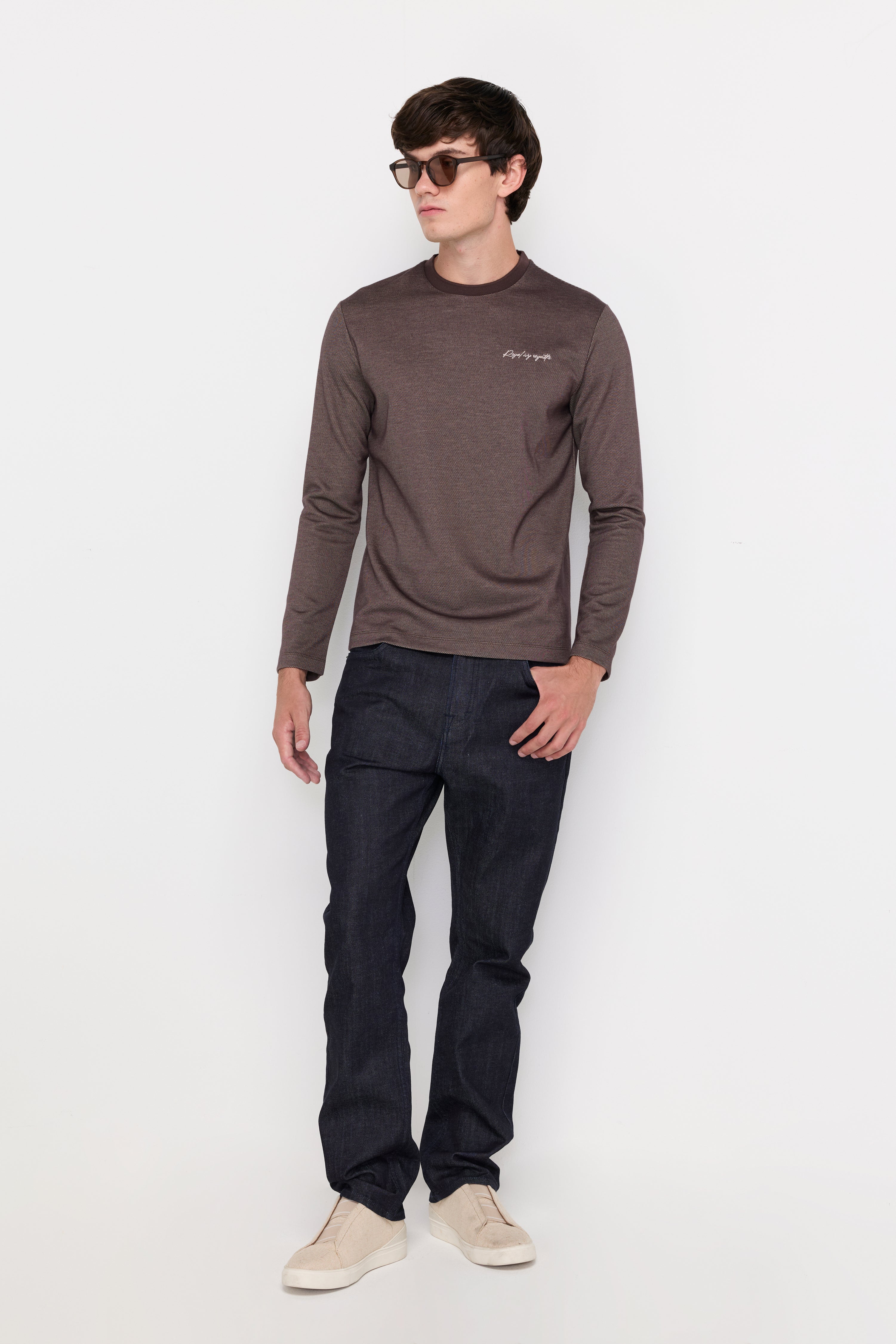Micro-Textured Knit Crew Neck Top Dark Brown