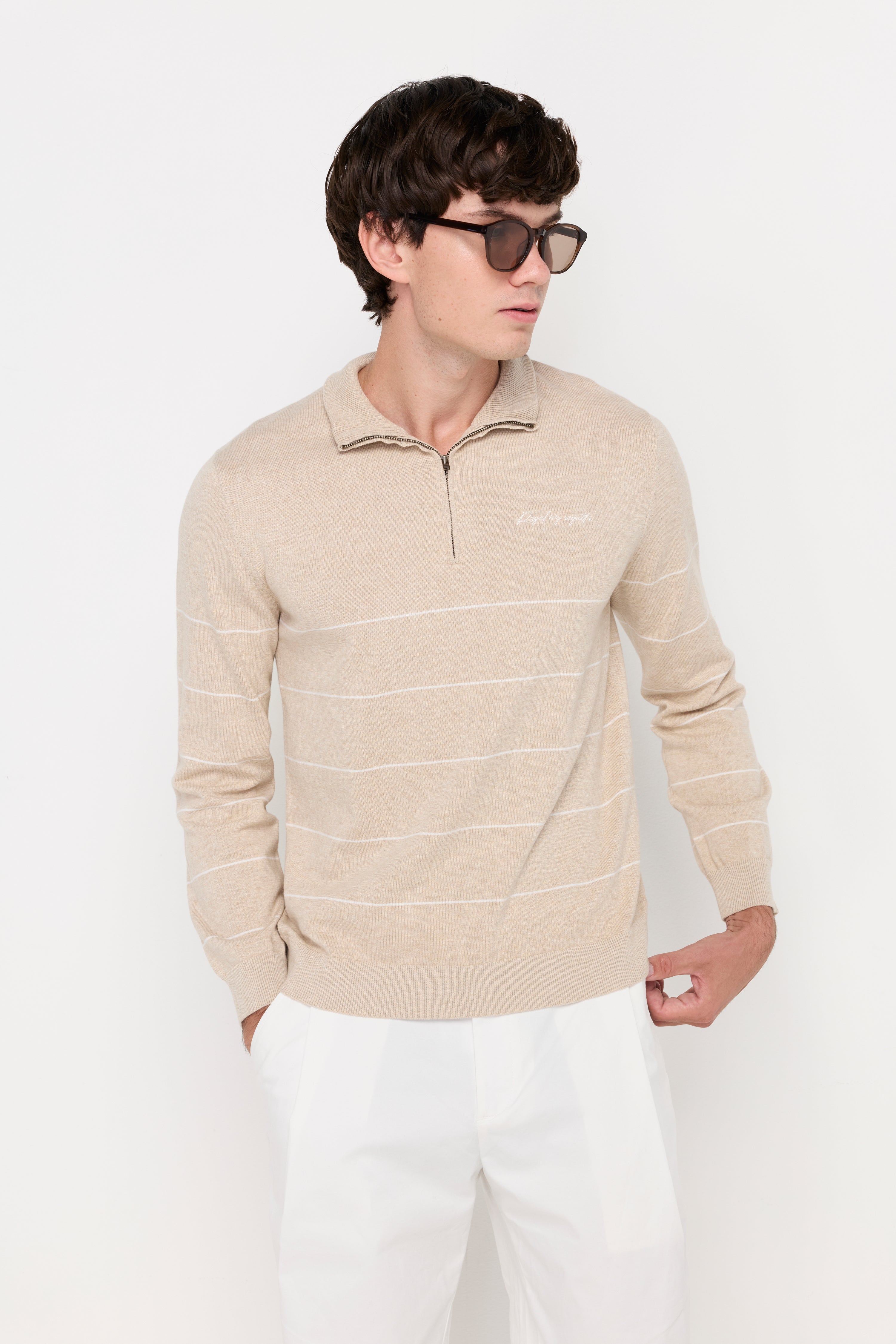 Contrast Stripe Half-Zip Knit Pullover Top Dyed Beige