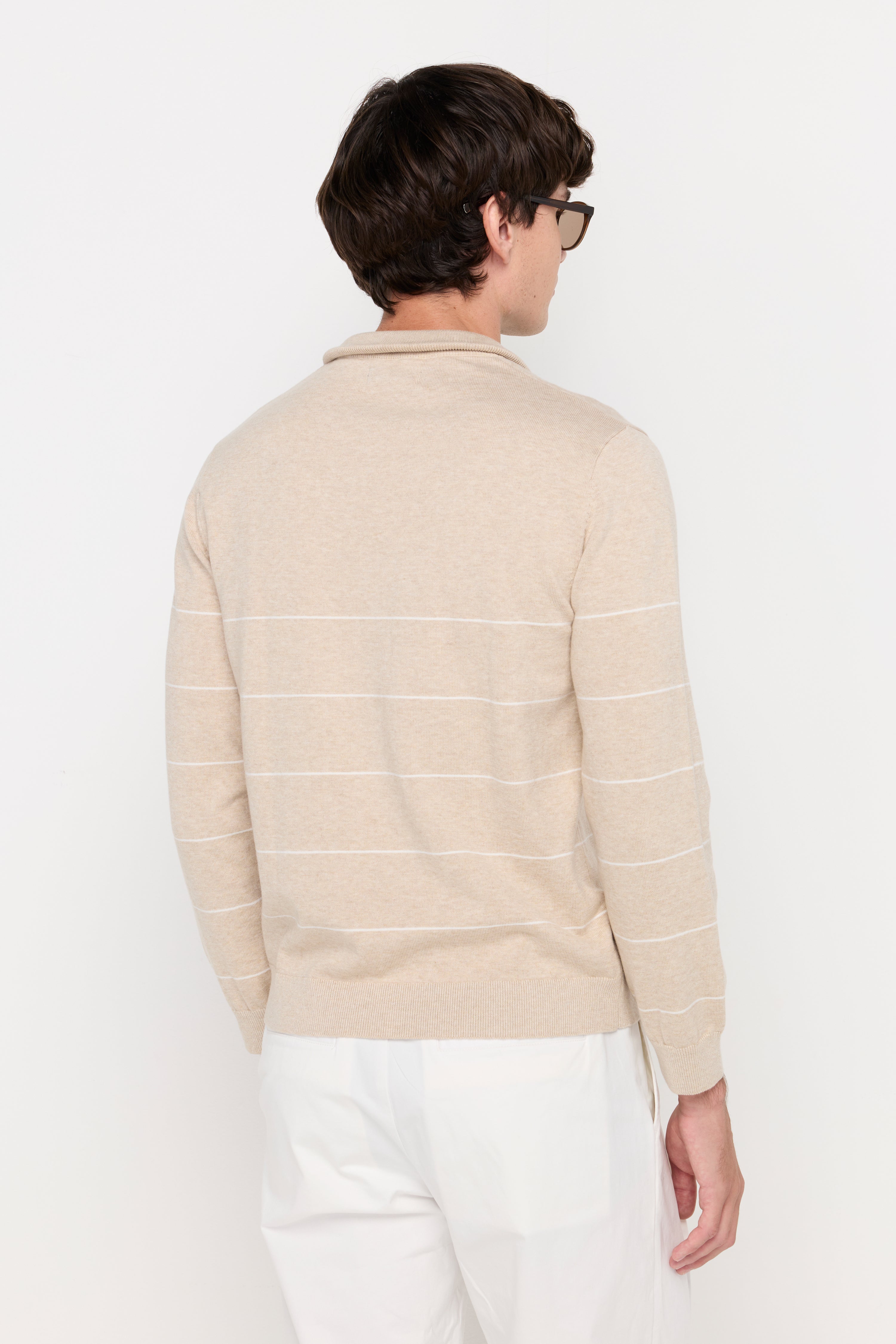 Contrast Stripe Half-Zip Knit Pullover Top Dyed Beige