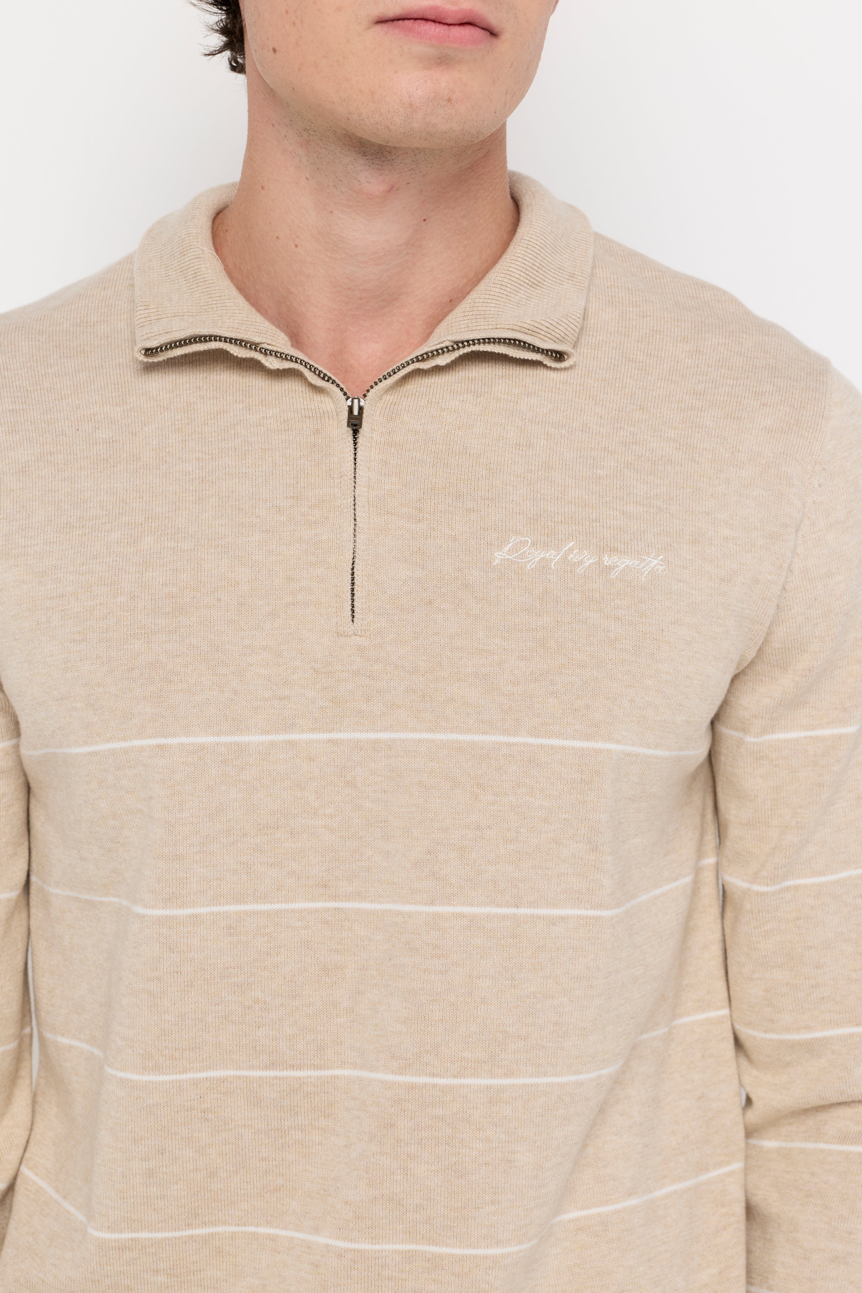 Contrast Stripe Half-Zip Knit Pullover Top Dyed Beige