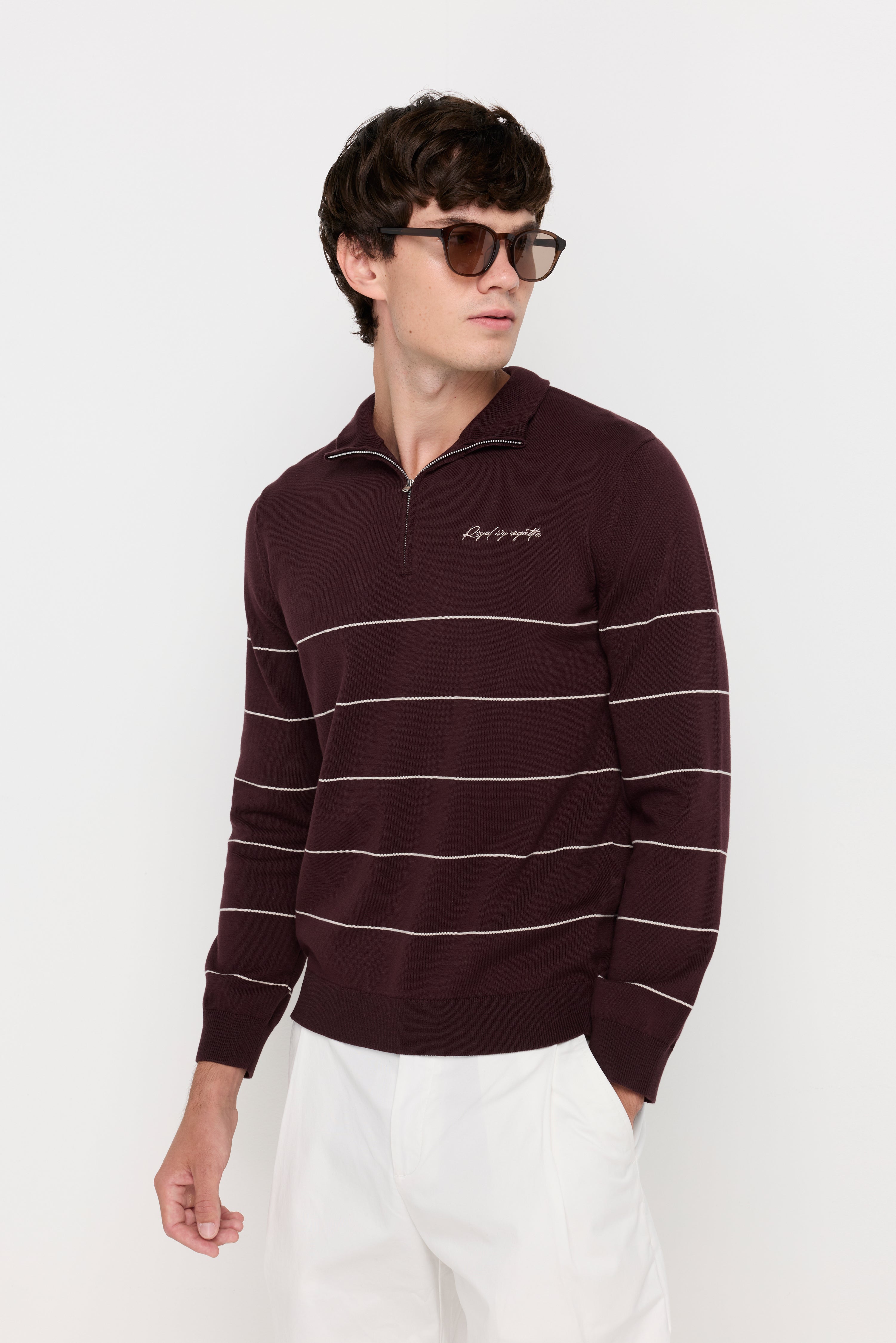 Contrast Stripe Half-Zip Knit Pullover Maroon