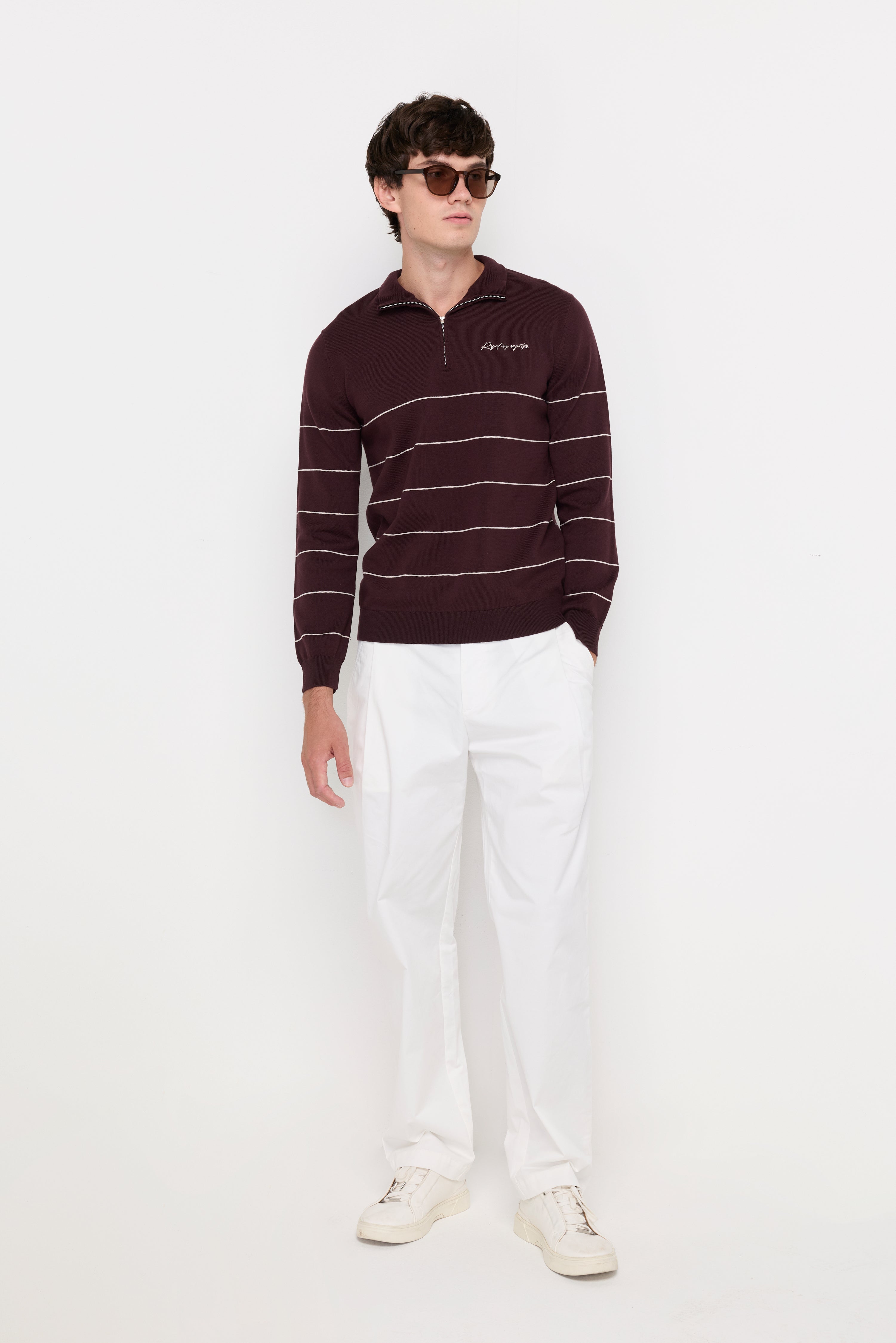 Contrast Stripe Half-Zip Knit Pullover Maroon