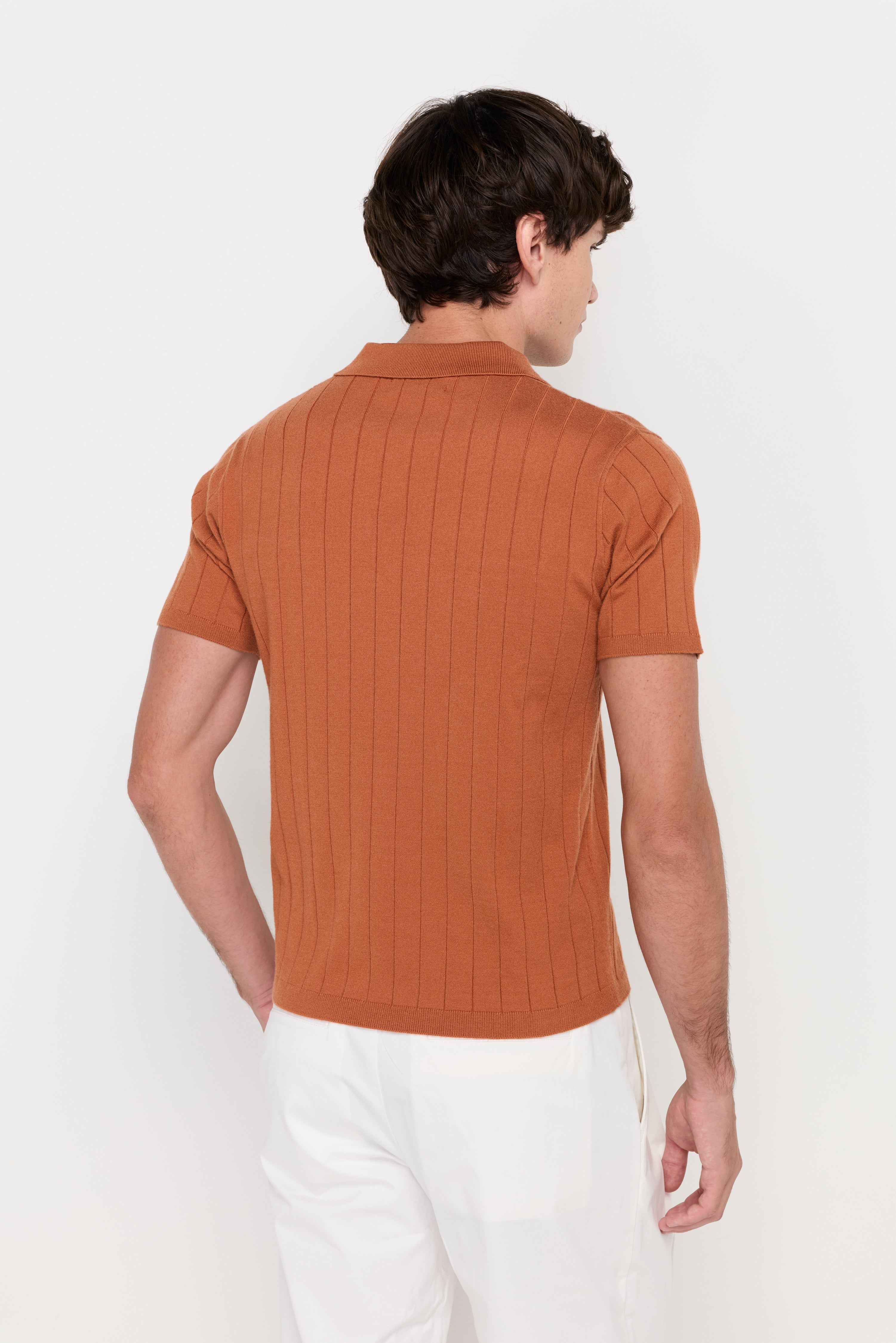 Vertical Textured Knit Polo Orange