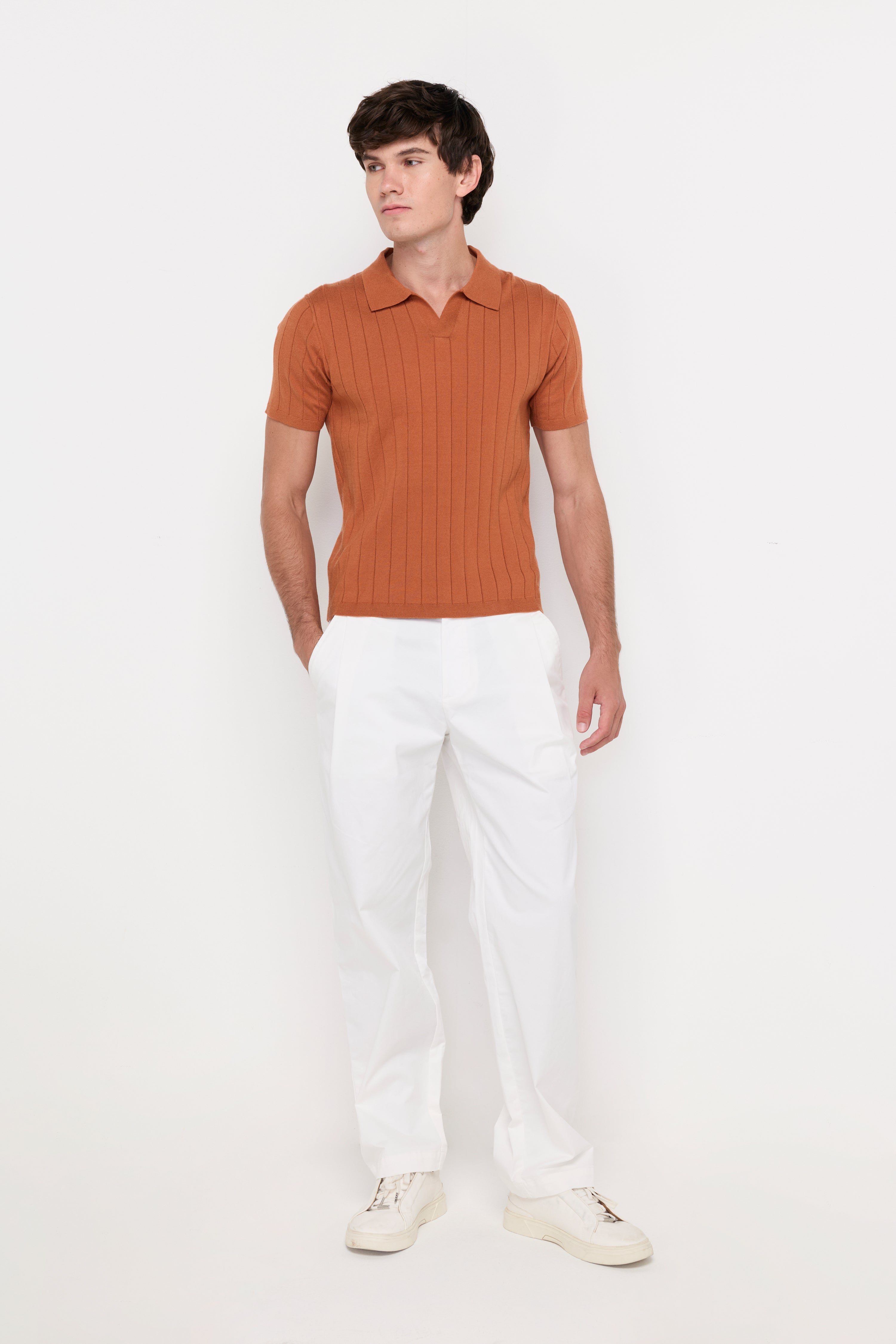 Vertical Textured Knit Polo Orange