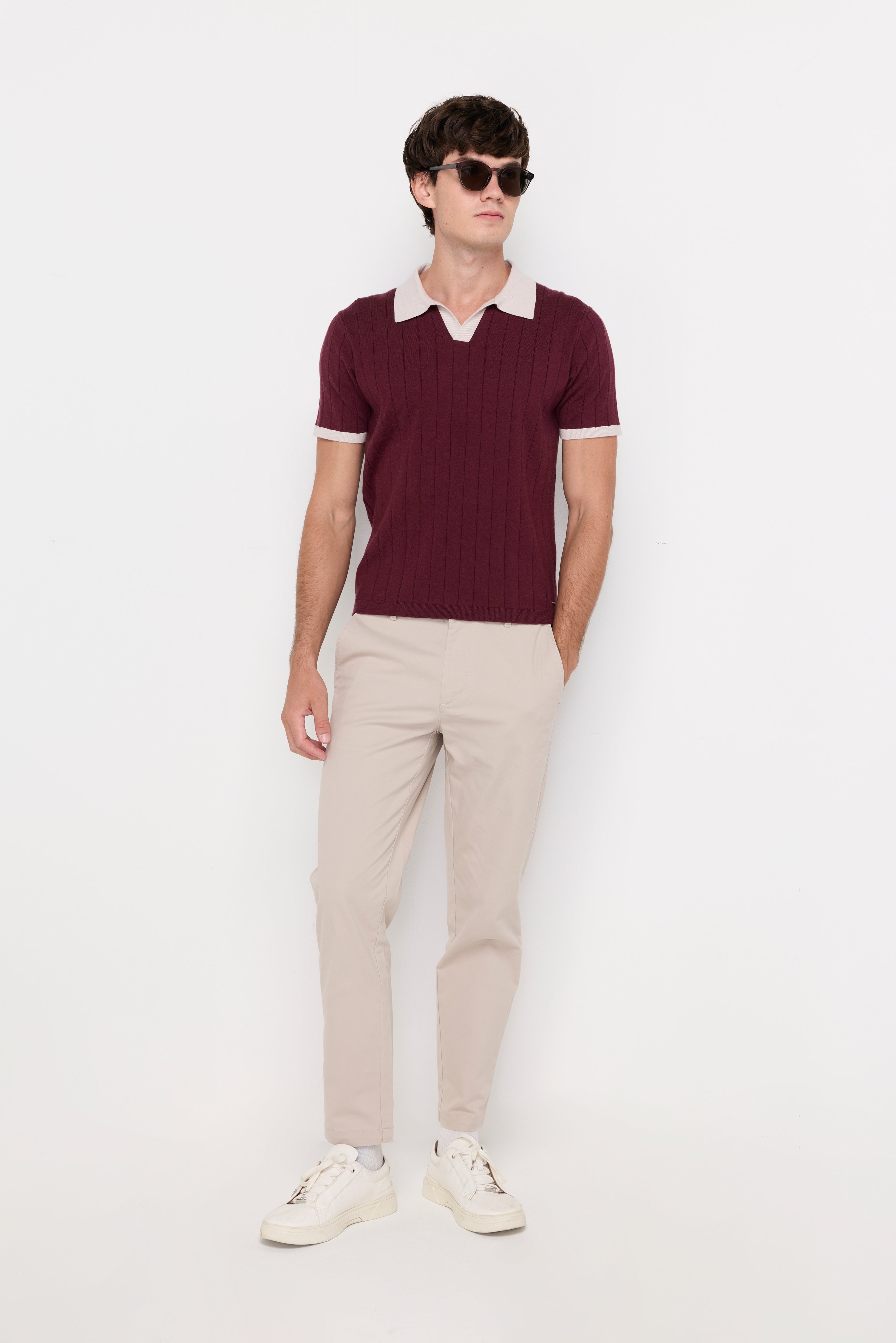 Vertical Textured Knit Polo Maroon