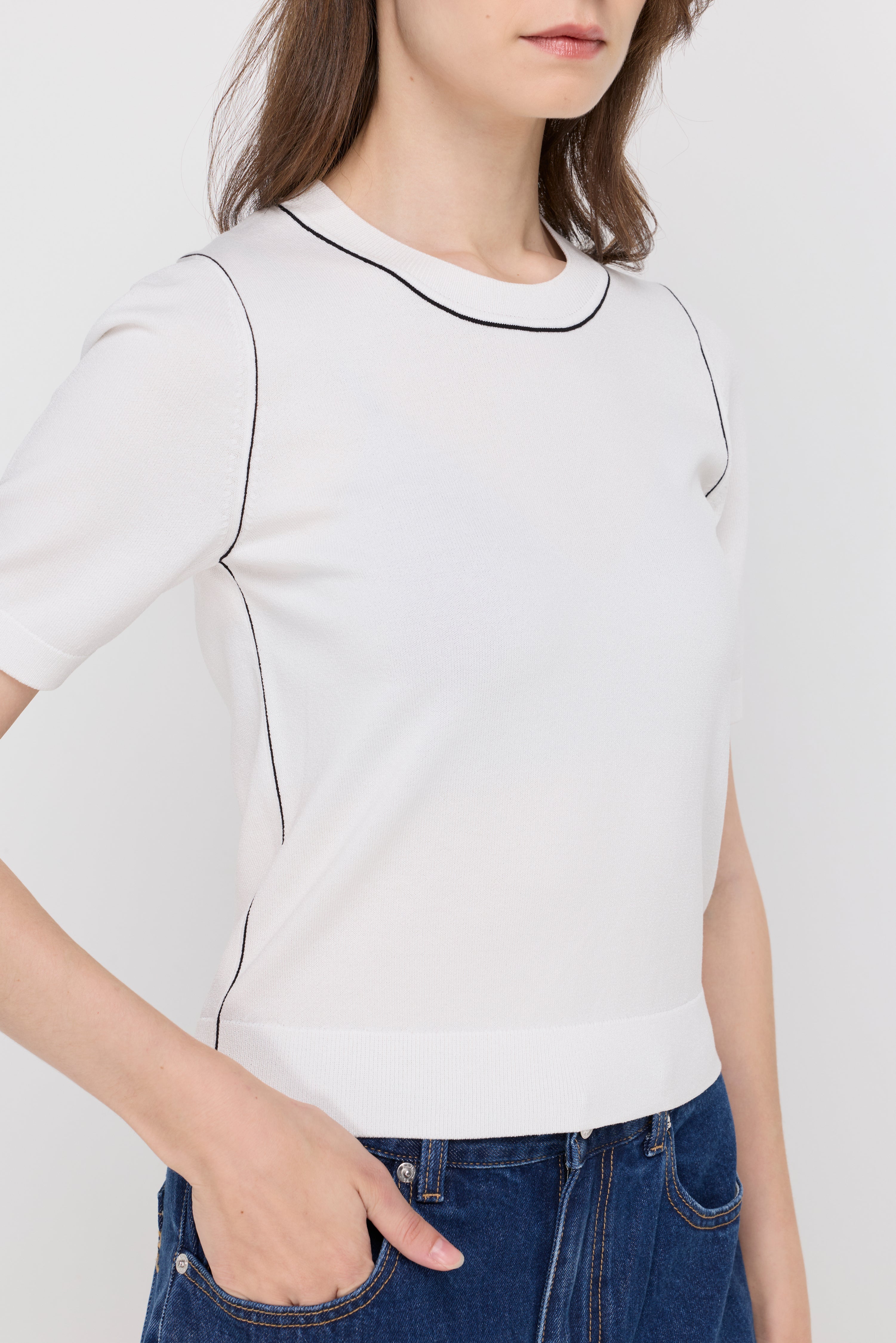 Contrast Trim Knit Top Off-White