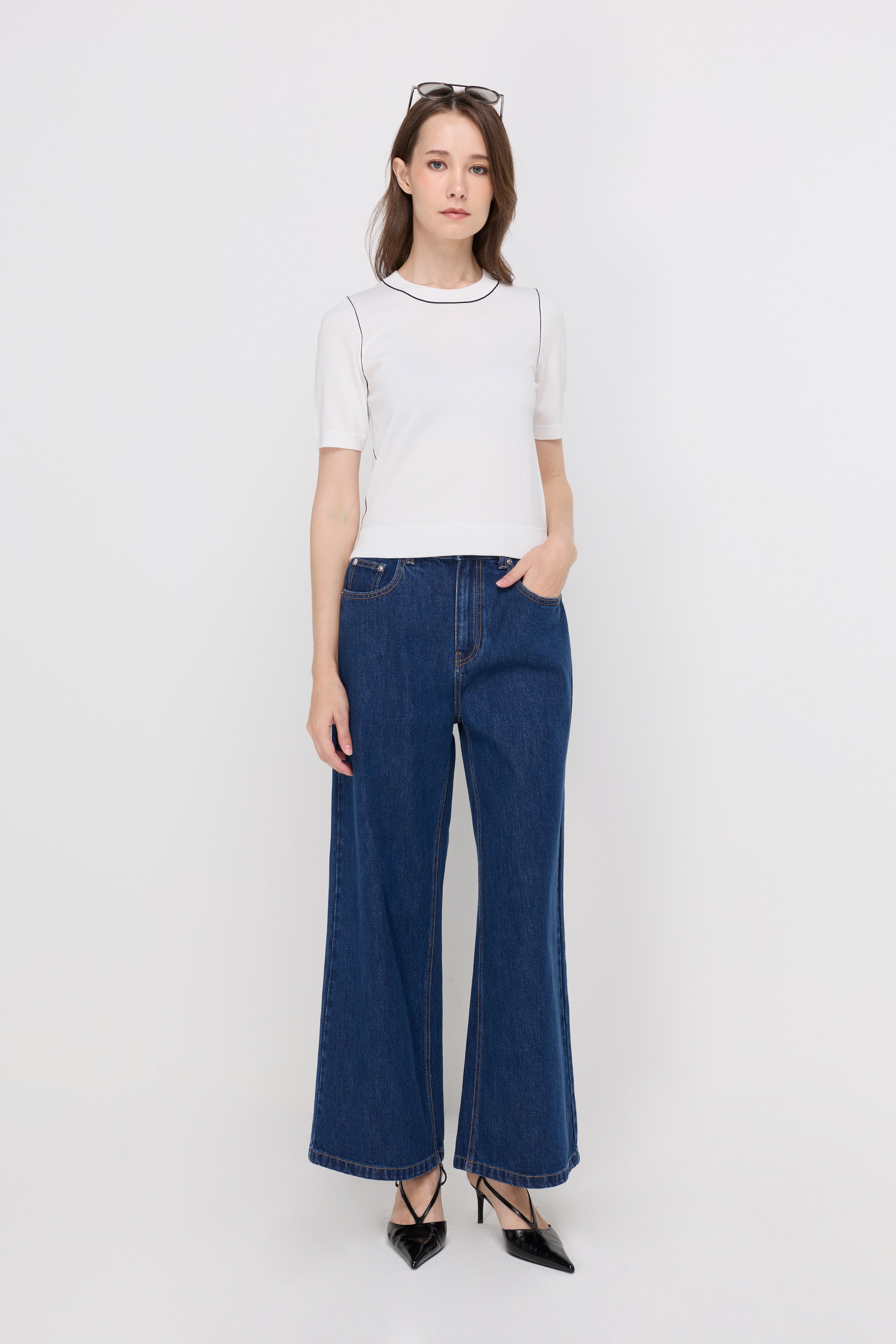 Contrast Trim Knit Top Off-White